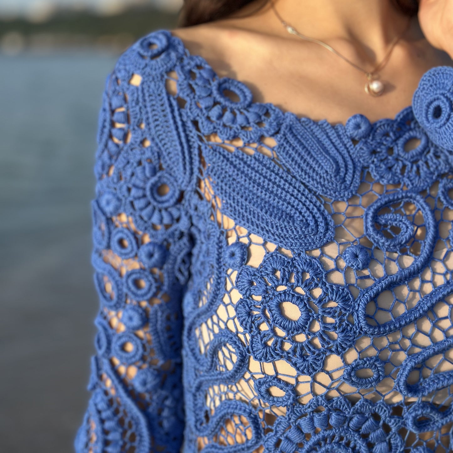 Handcrafted Blue Irish Lace Dress – Timeless Crochet Couture