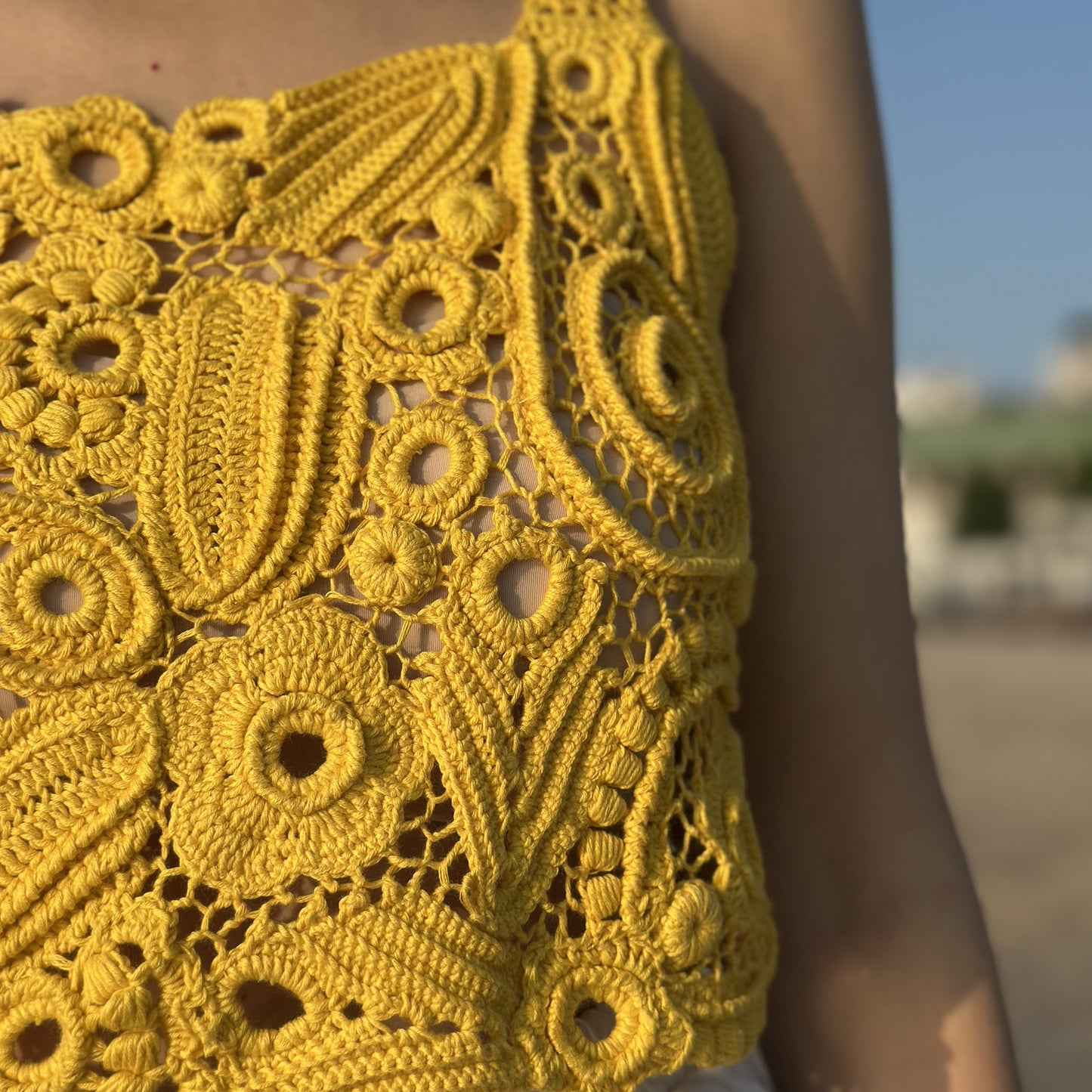 Handcrafted Yellow Irish Lace Top – Delicate Crochet Art