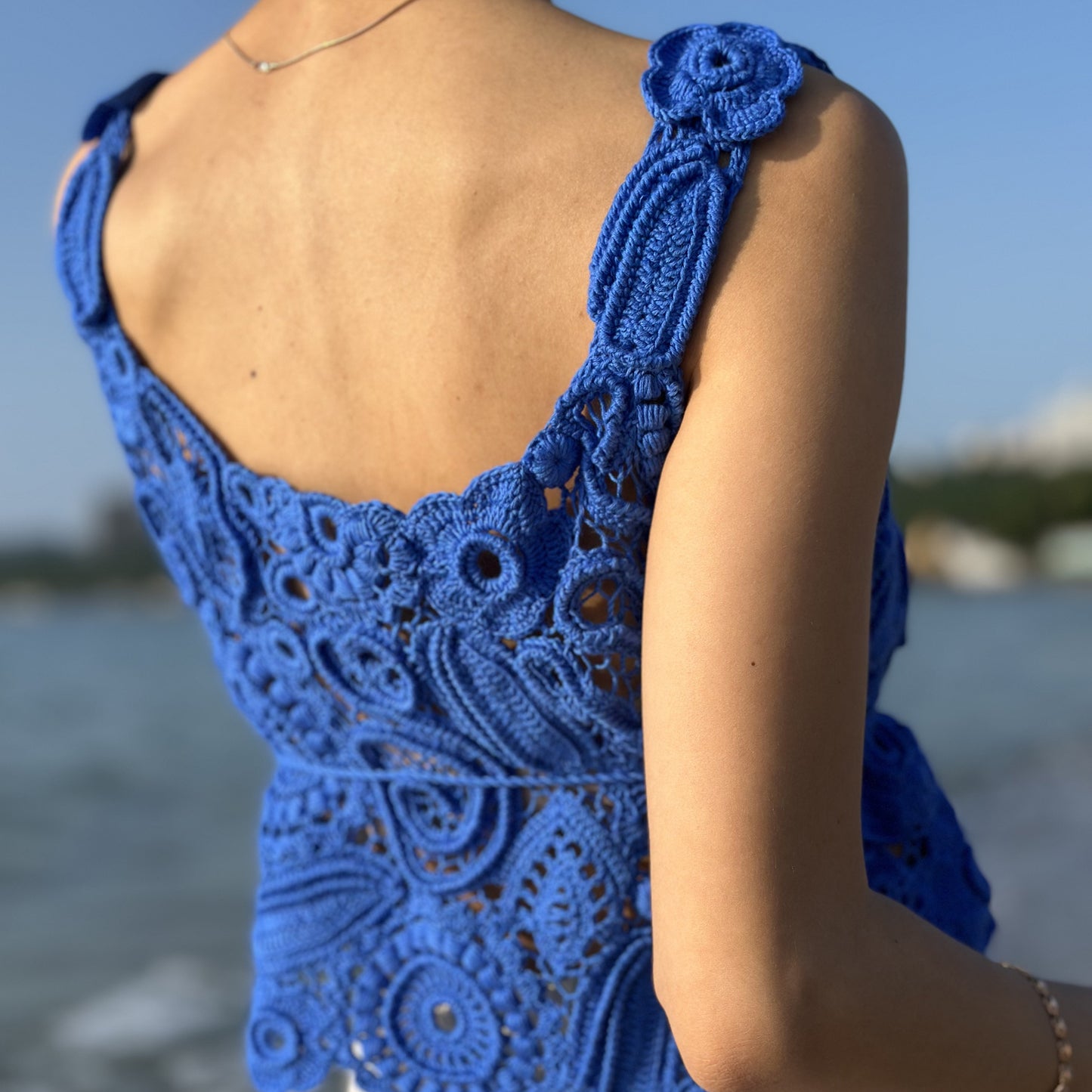 Luxury Blue Crochet Top - Handcrafted Women’s Designer Sleeveless Blouse (Custom Sizes Available)
