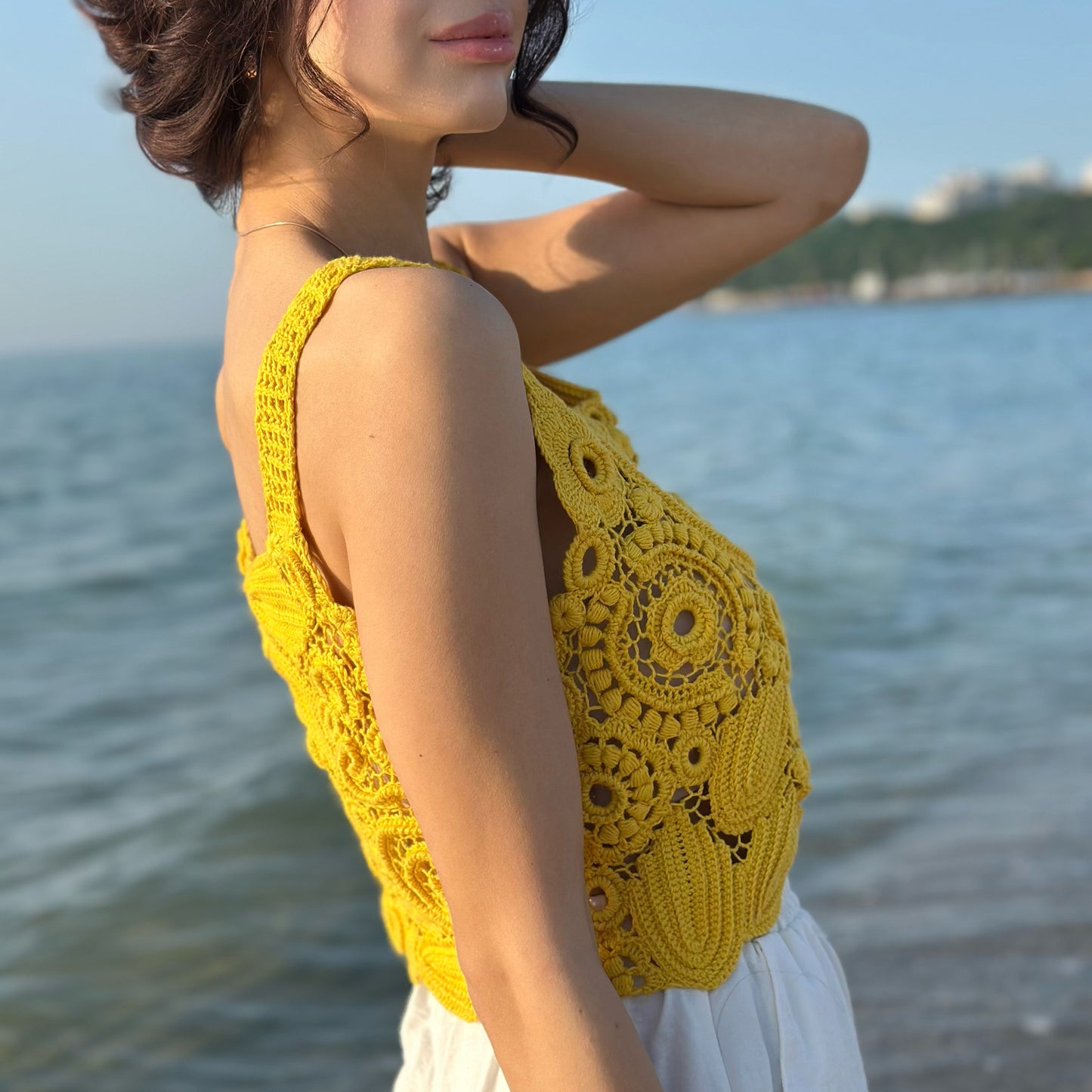 Handcrafted Yellow Irish Lace Top – Delicate Crochet Art