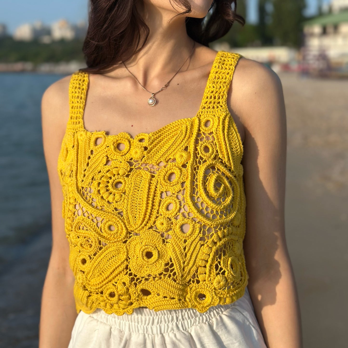 Handcrafted Yellow Irish Lace Top – Delicate Crochet Art