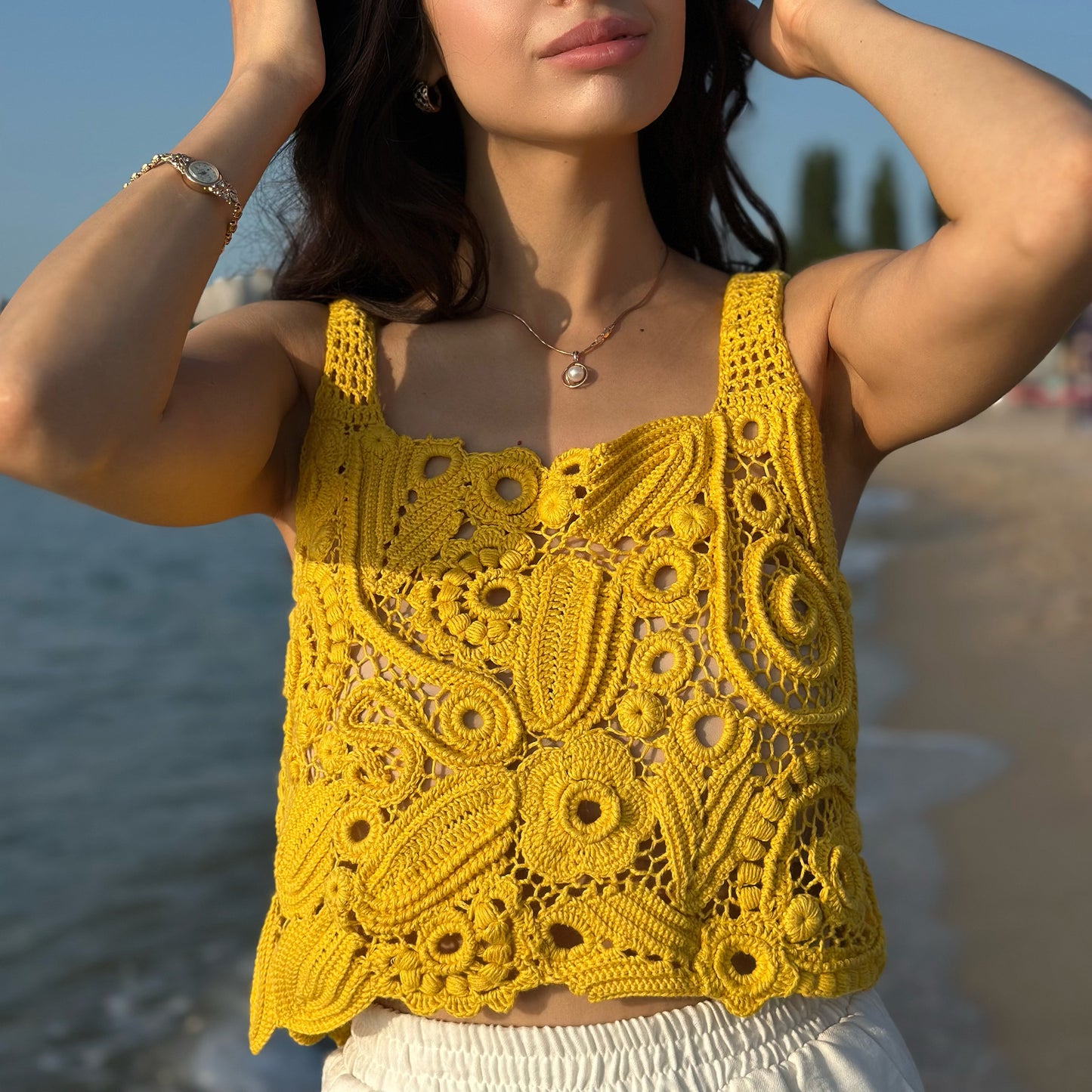 Handcrafted Yellow Irish Lace Top – Delicate Crochet Art