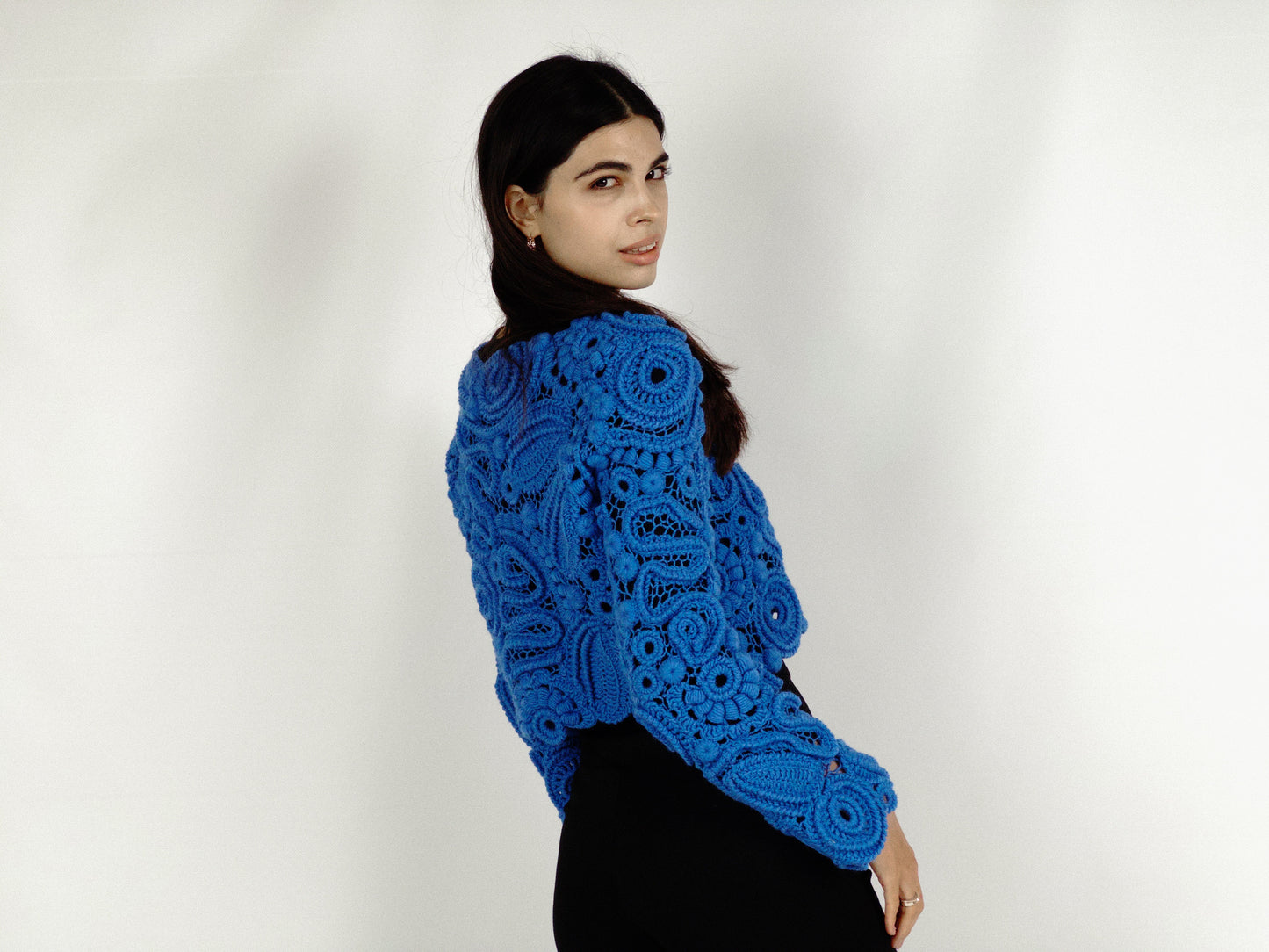 Blue Irish Crochet Sweater – Handmade Luxury Lace Pullover