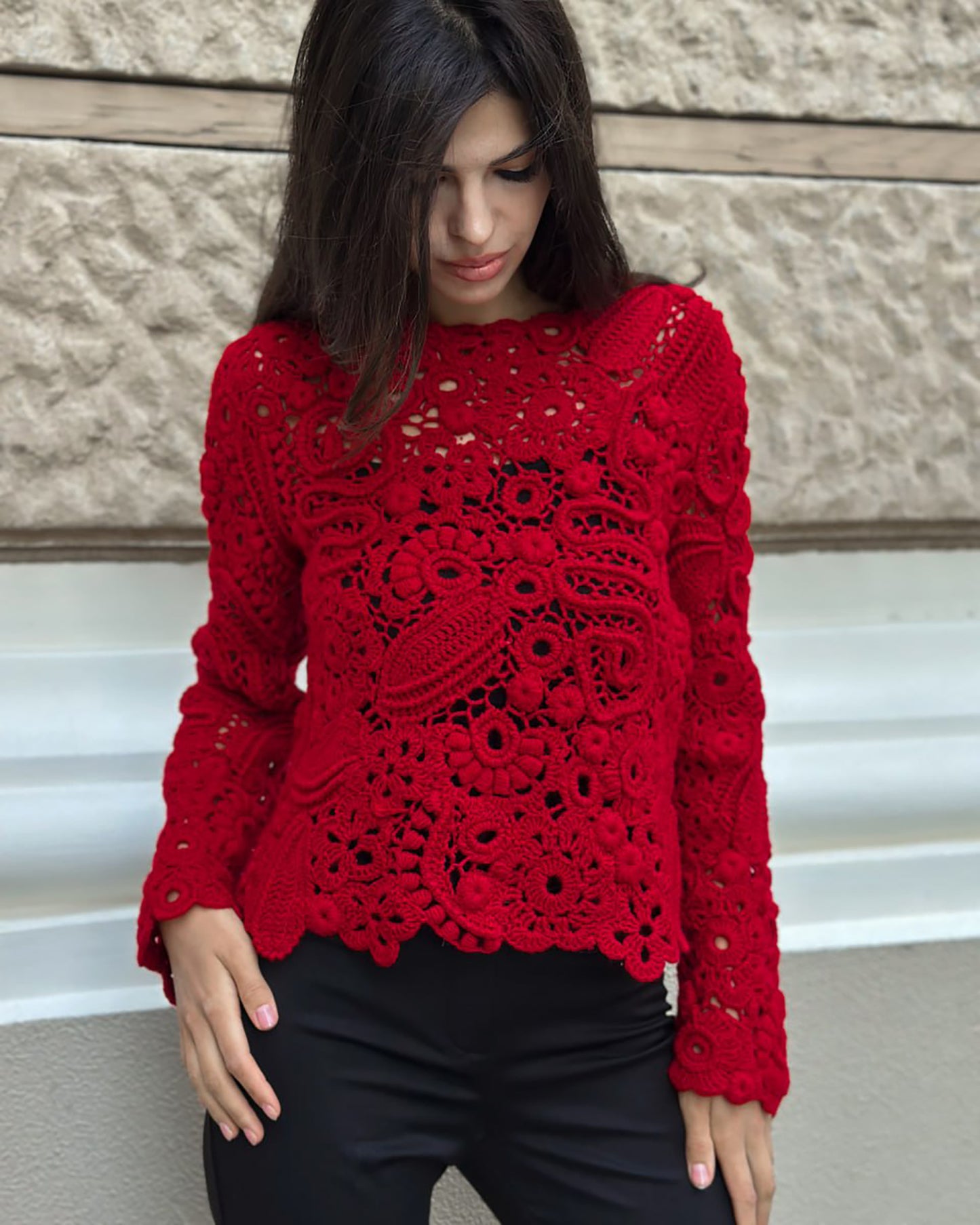 Luxury Red Crochet Pullover – Handcrafted Women’s Designer Sweater (Custom Sizes Available)