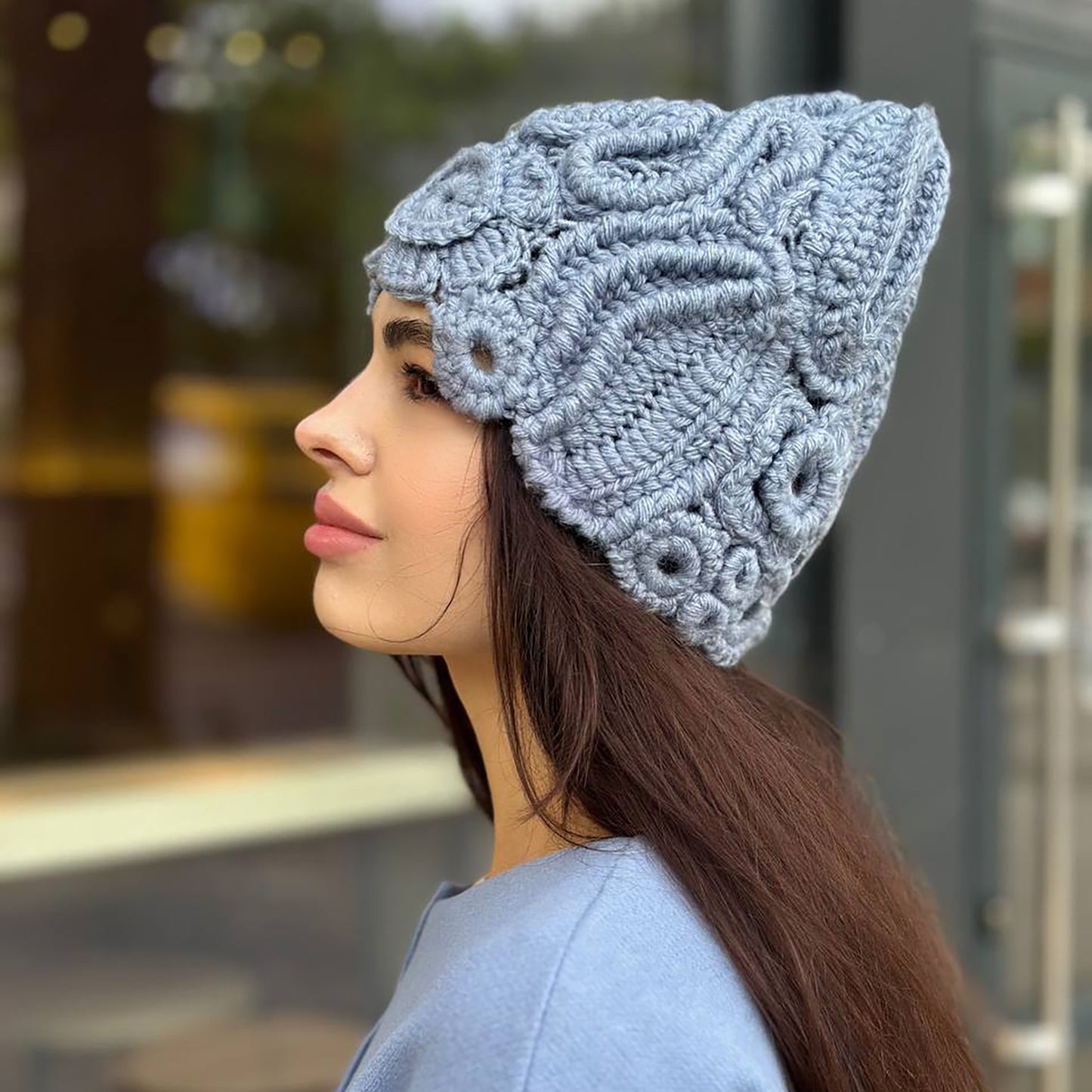 Light Blue Irish Crochet Hat – Handcrafted Winter Elegance