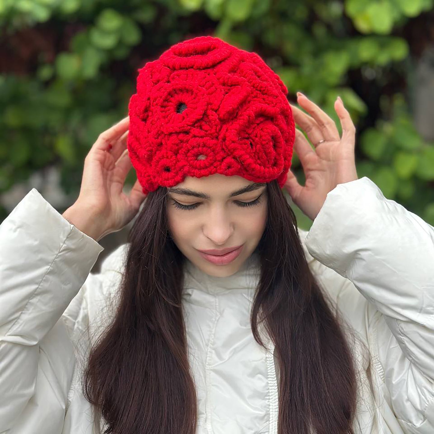 Red Irish Crochet Hat – Handmade Statement Winter Style