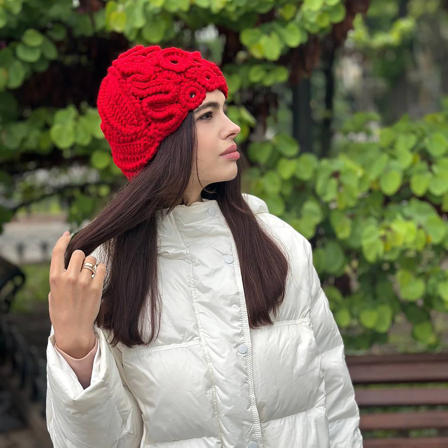 Red Irish Crochet Hat – Handmade Statement Winter Style