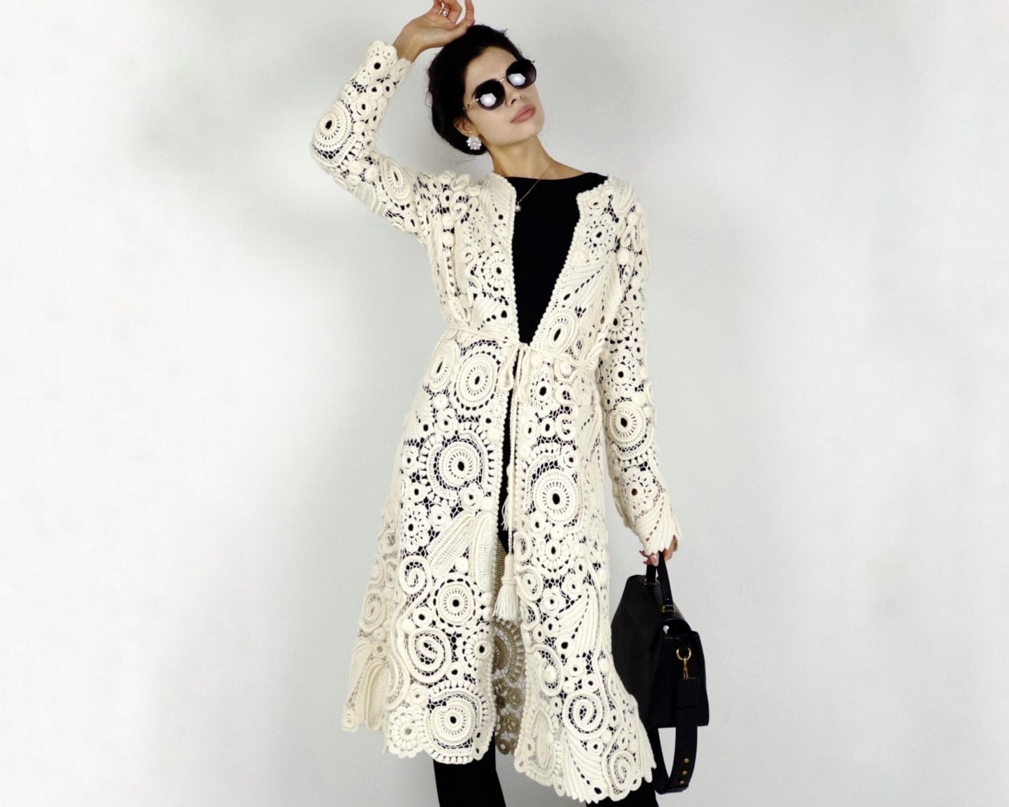 Long Irish Crochet Lace Coat – Handmade Ivory Boho Cardigan