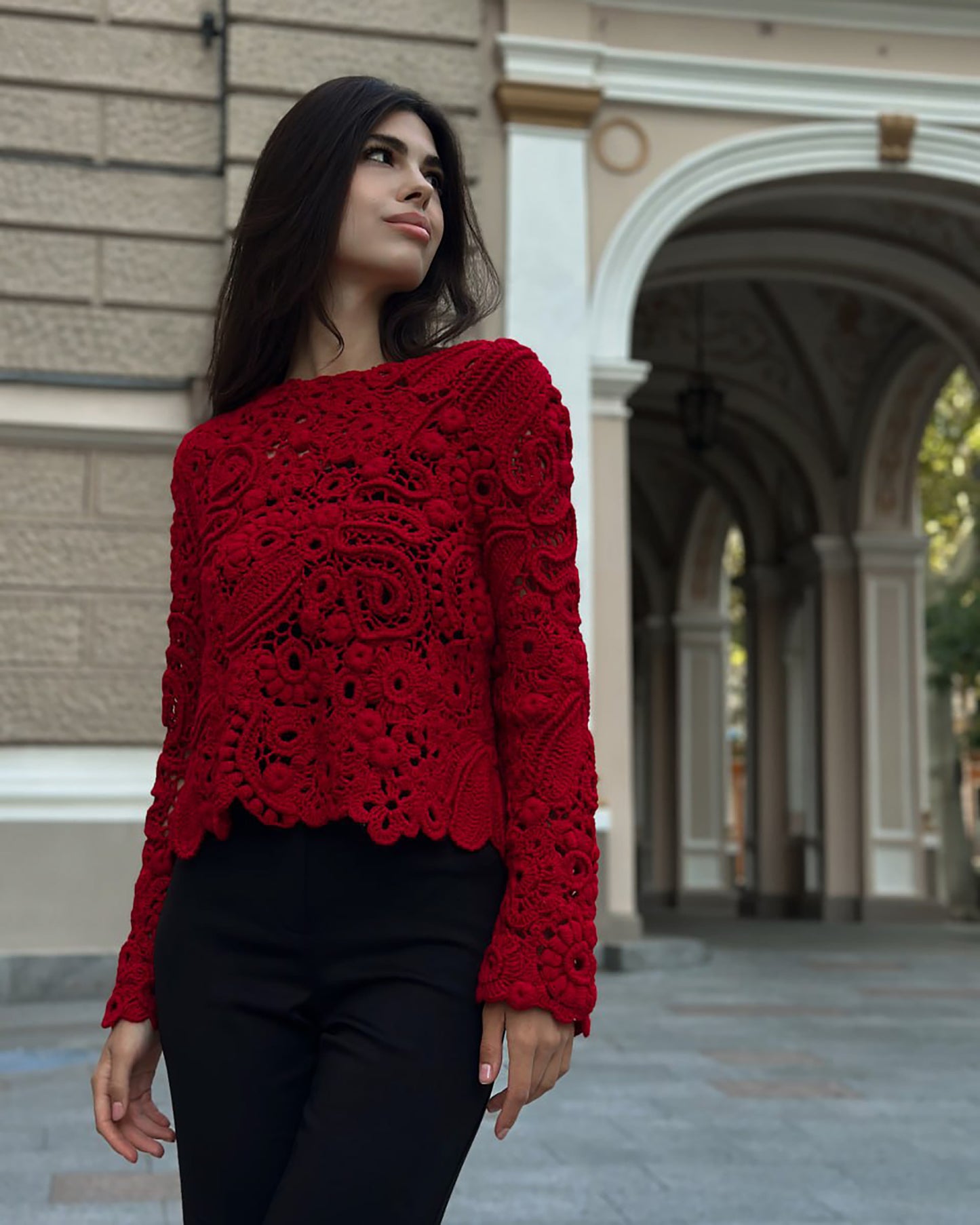 Luxury Red Crochet Pullover – Handcrafted Women’s Designer Sweater (Custom Sizes Available)