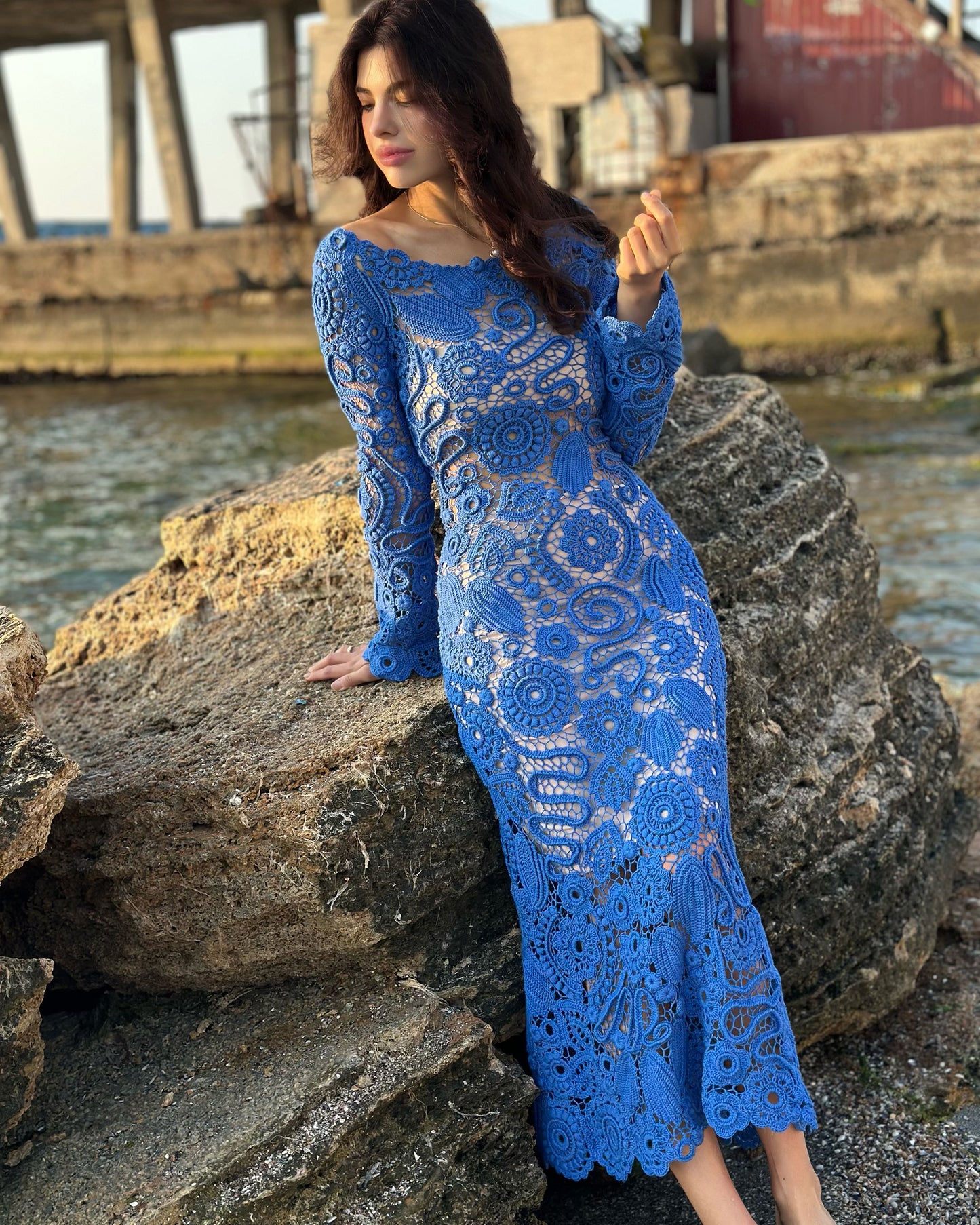Handcrafted Blue Irish Lace Dress – Timeless Crochet Couture