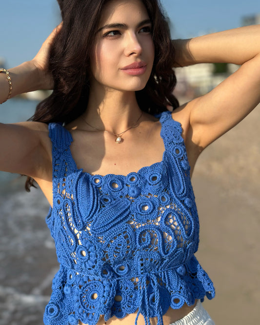 Luxury Blue Crochet Top - Handcrafted Women’s Designer Sleeveless Blouse (Custom Sizes Available)