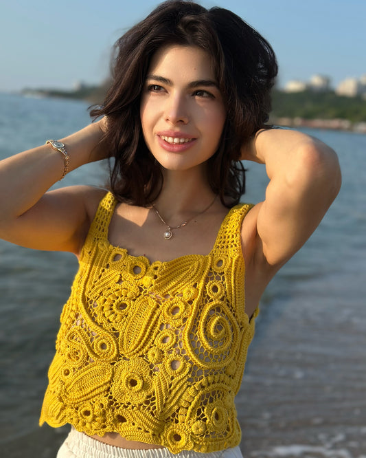 Handcrafted Yellow Irish Lace Top – Delicate Crochet Art