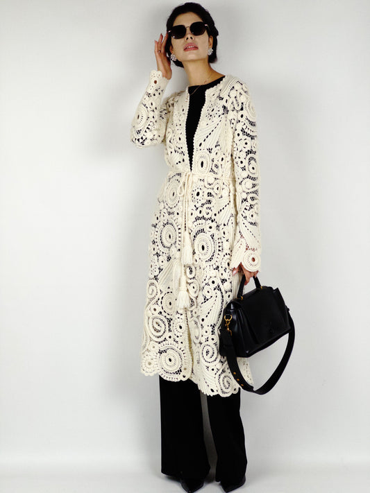 Long Irish Crochet Lace Coat – Handmade Ivory Boho Cardigan