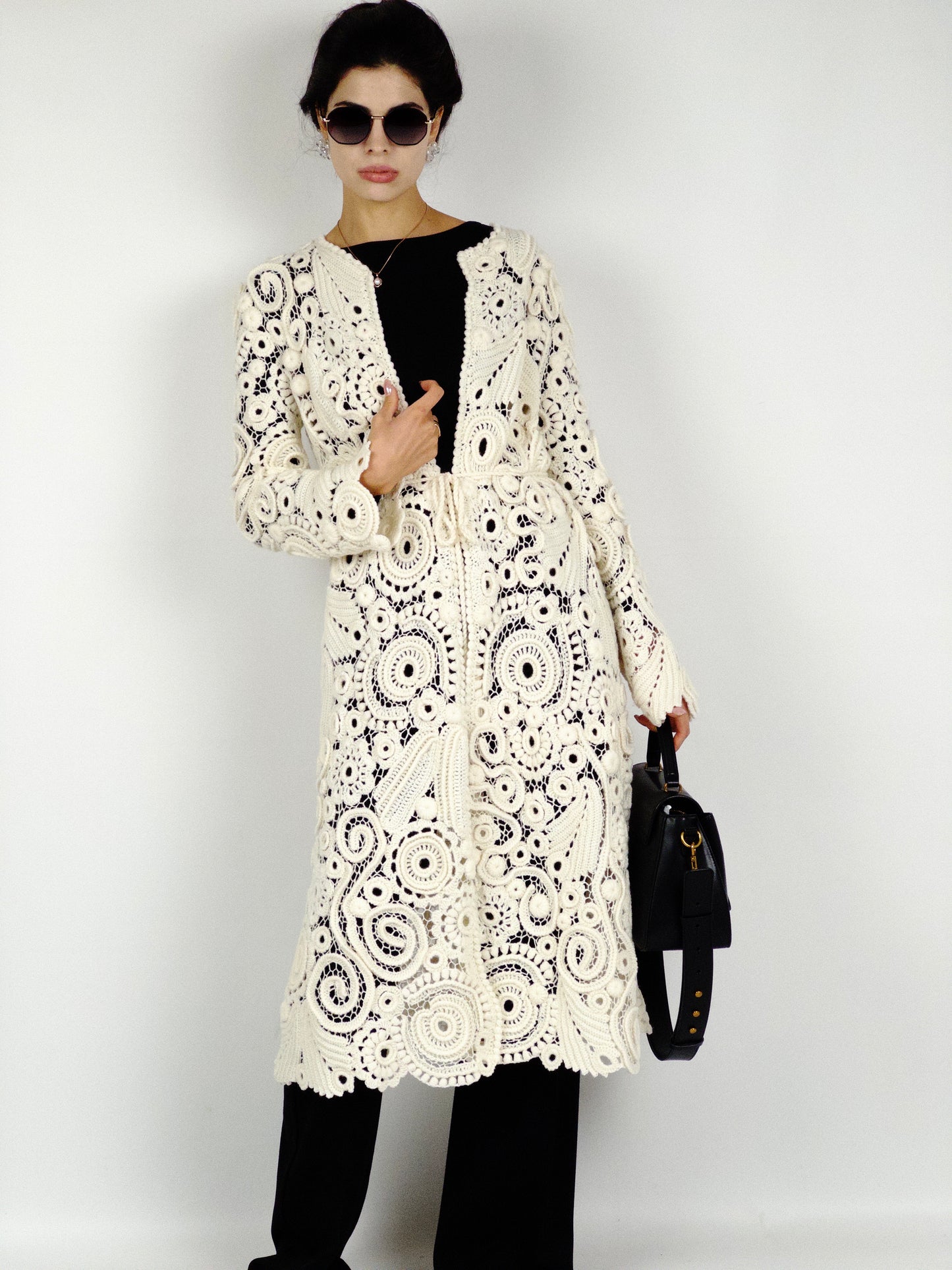 Long Irish Crochet Lace Coat – Handmade Ivory Boho Cardigan