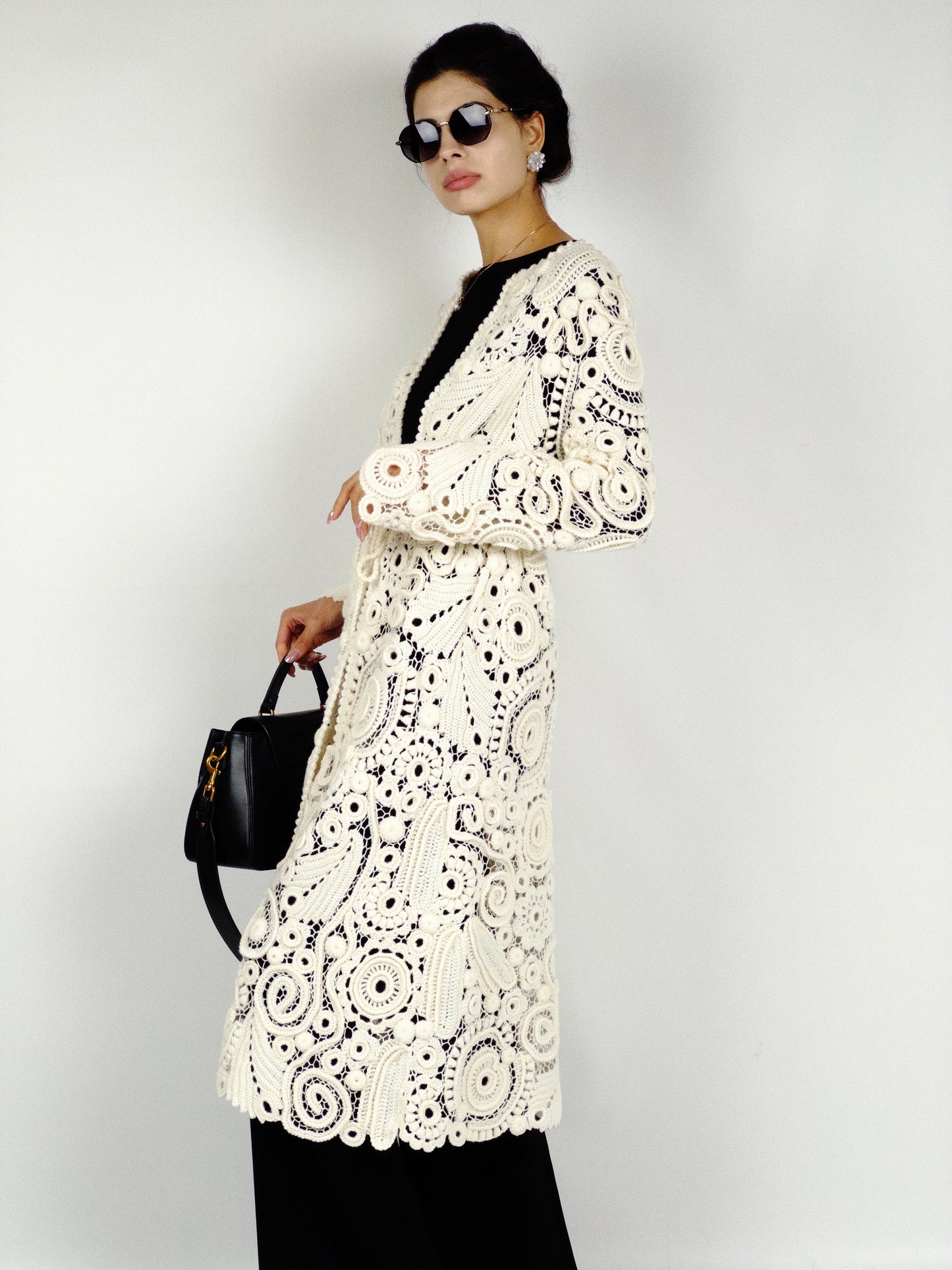 Long Irish Crochet Lace Coat – Handmade Ivory Boho Cardigan