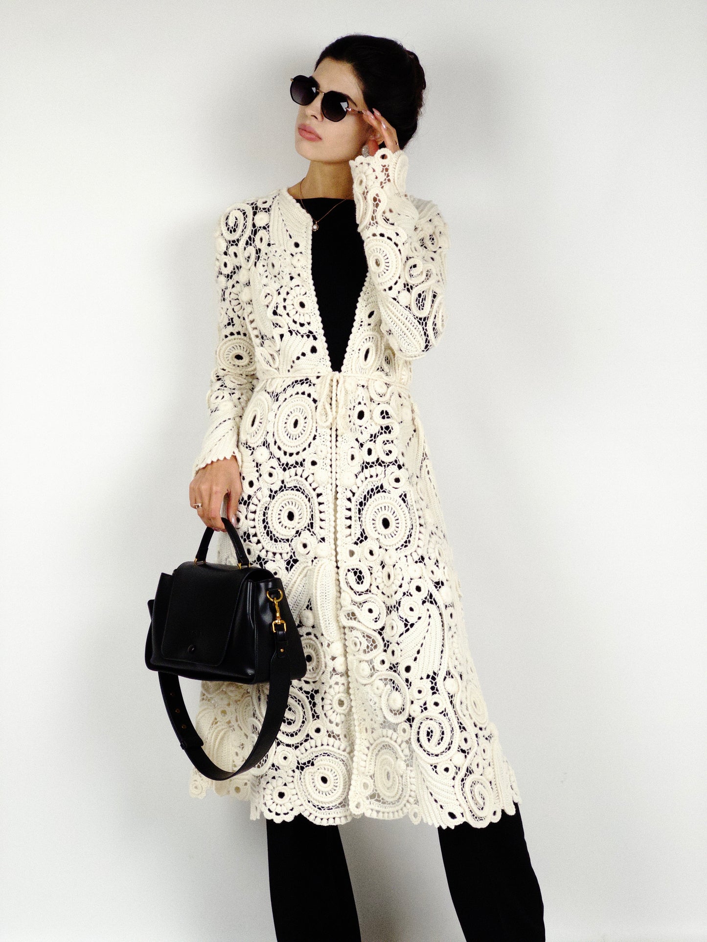 Long Irish Crochet Lace Coat – Handmade Ivory Boho Cardigan