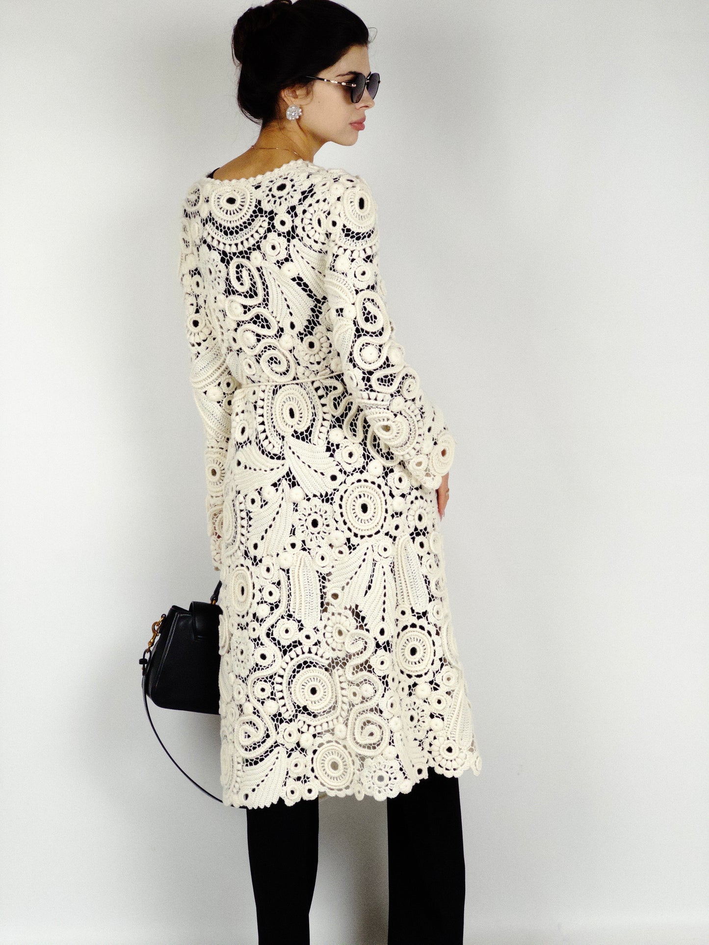 Long Irish Crochet Lace Coat – Handmade Ivory Boho Cardigan