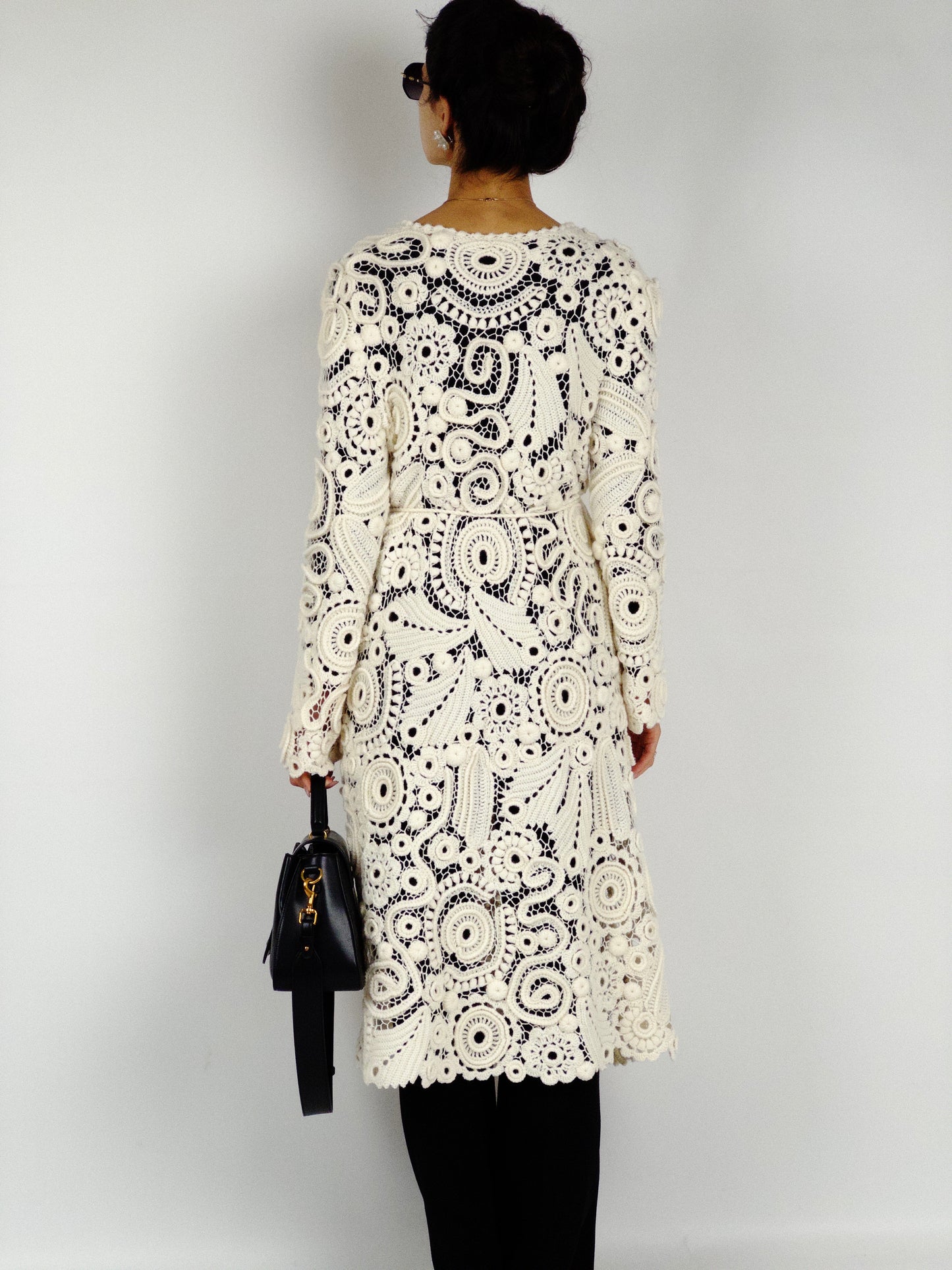 Long Irish Crochet Lace Coat – Handmade Ivory Boho Cardigan