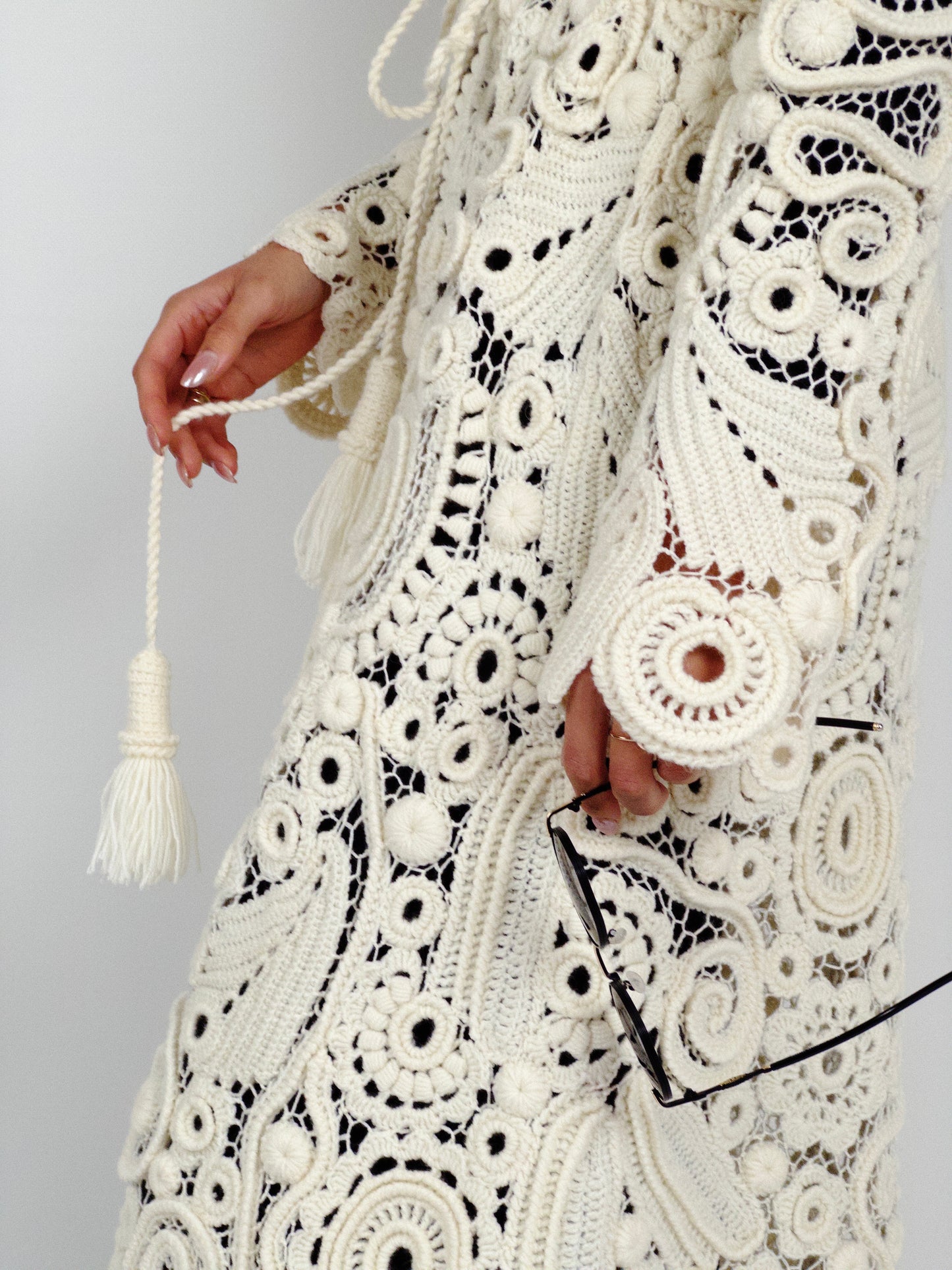 Long Irish Crochet Lace Coat – Handmade Ivory Boho Cardigan