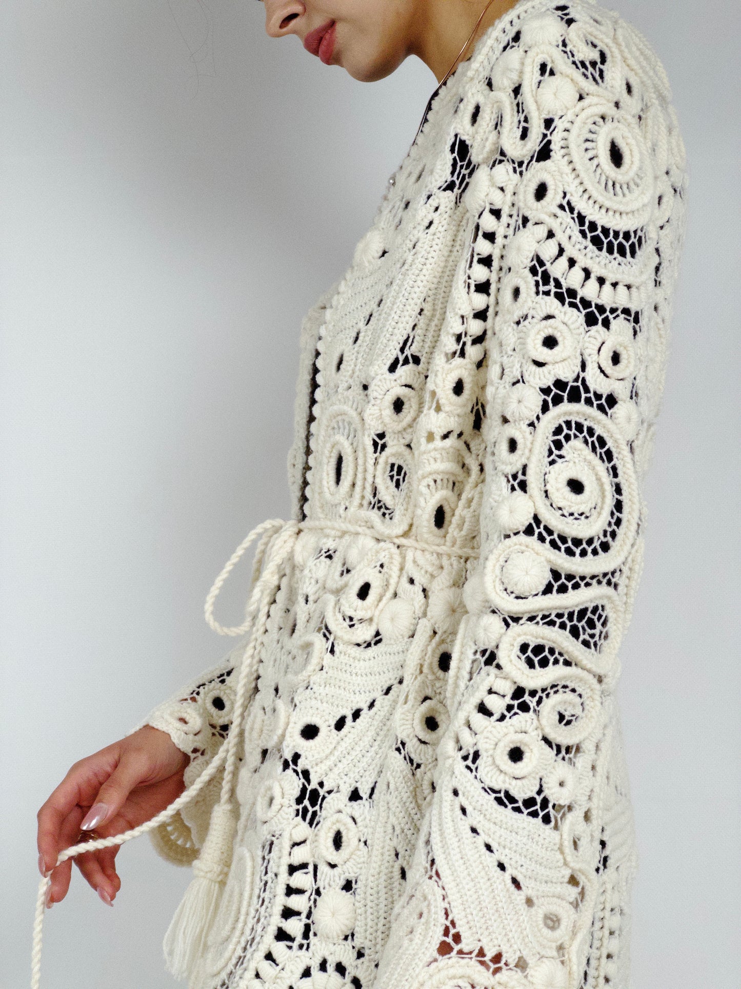 Long Irish Crochet Lace Coat – Handmade Ivory Boho Cardigan