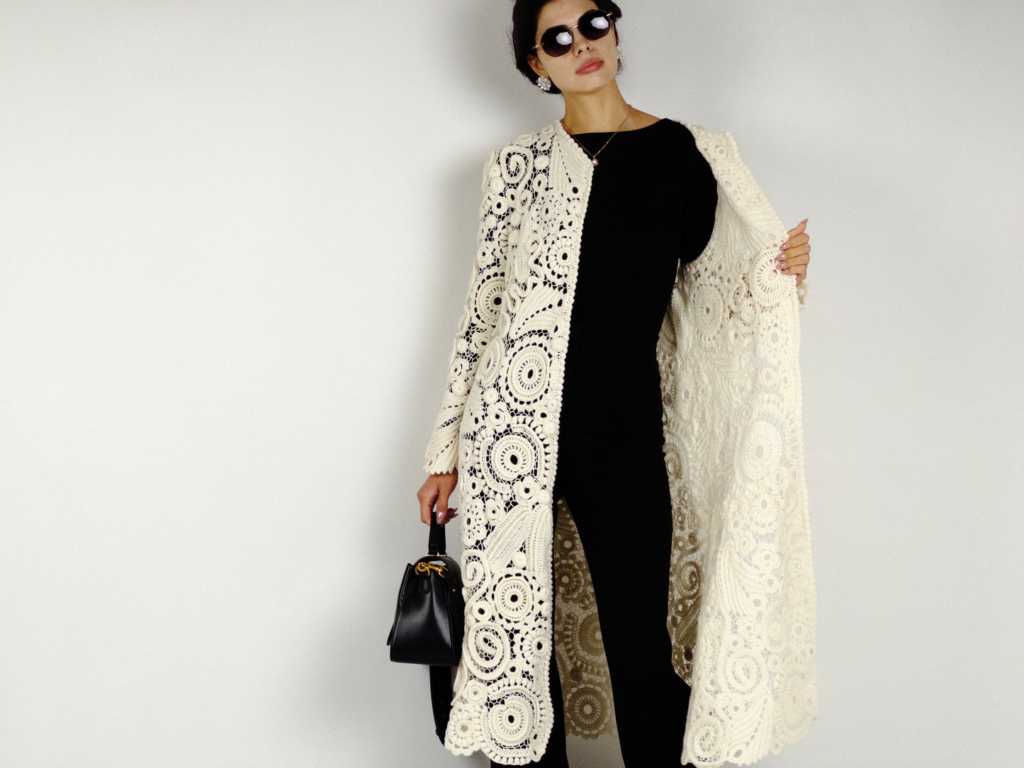 Long Irish Crochet Lace Coat – Handmade Ivory Boho Cardigan