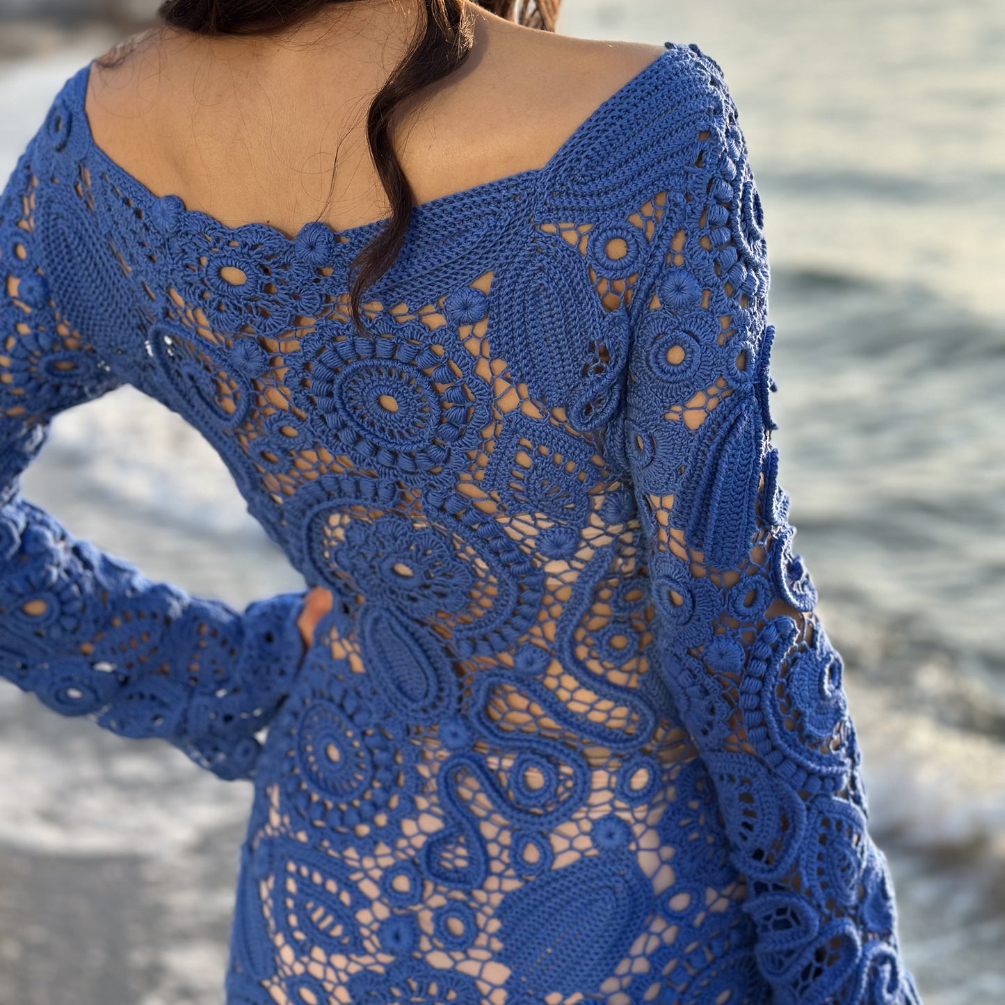 Handcrafted Blue Irish Lace Dress – Timeless Crochet Couture