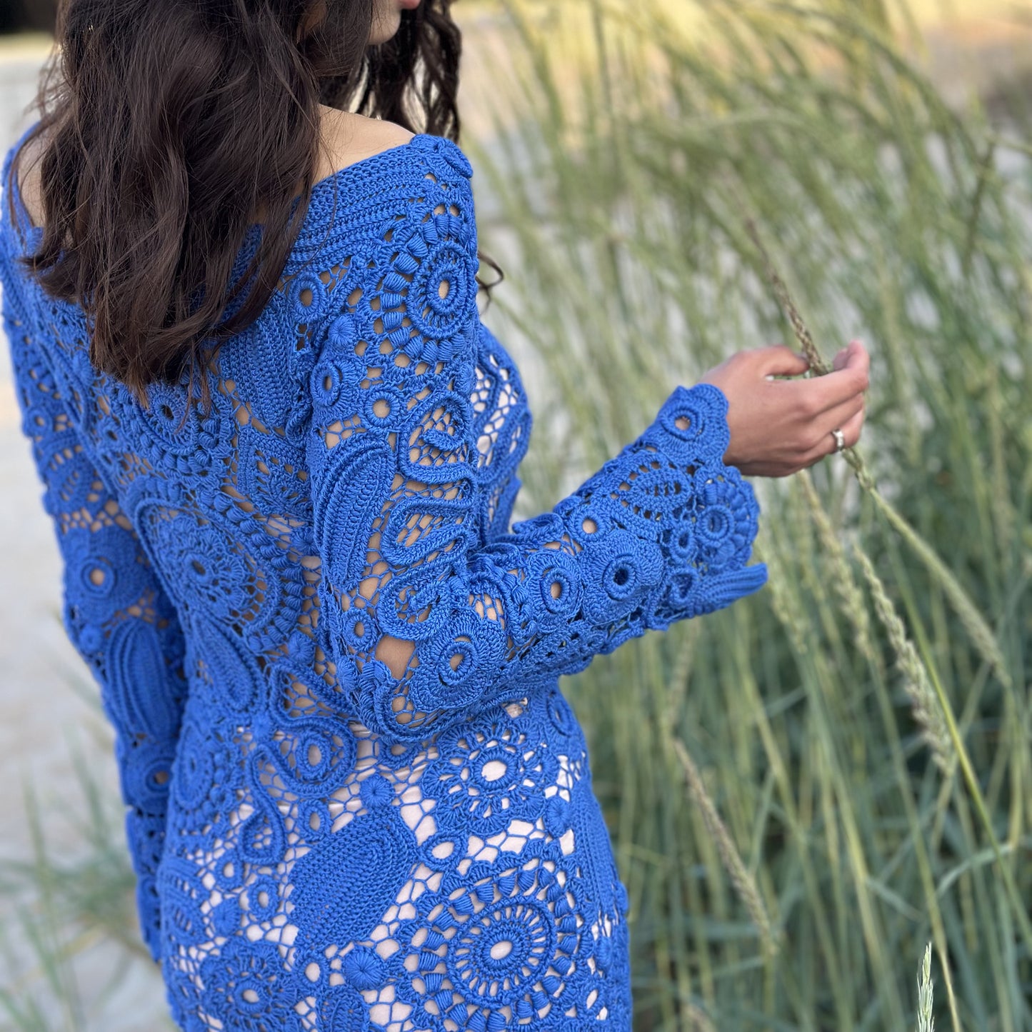 Handcrafted Blue Irish Lace Dress – Timeless Crochet Couture