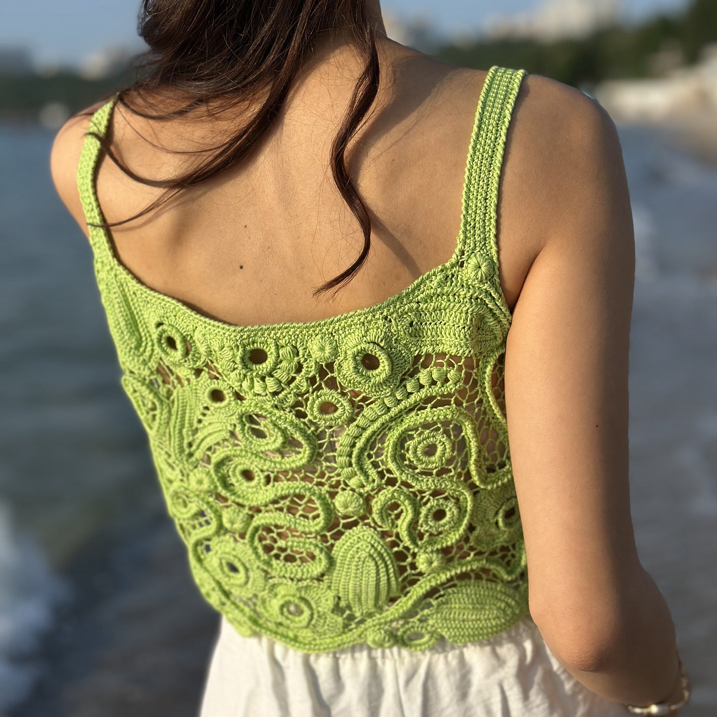 Luxury Green Crochet Top - Handcrafted Women’s Designer Sleeveless Blouse (Custom Sizes Available)