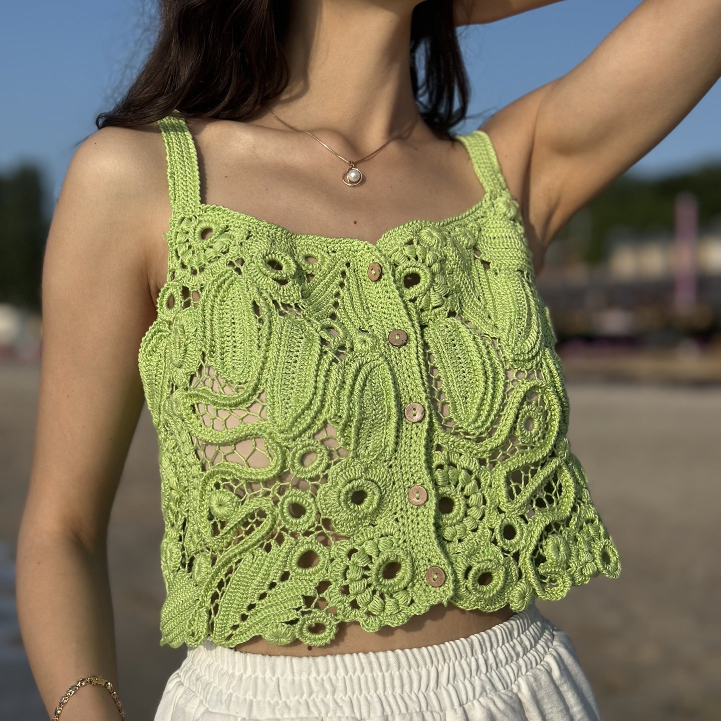 Luxury Green Crochet Top - Handcrafted Women’s Designer Sleeveless Blouse (Custom Sizes Available)