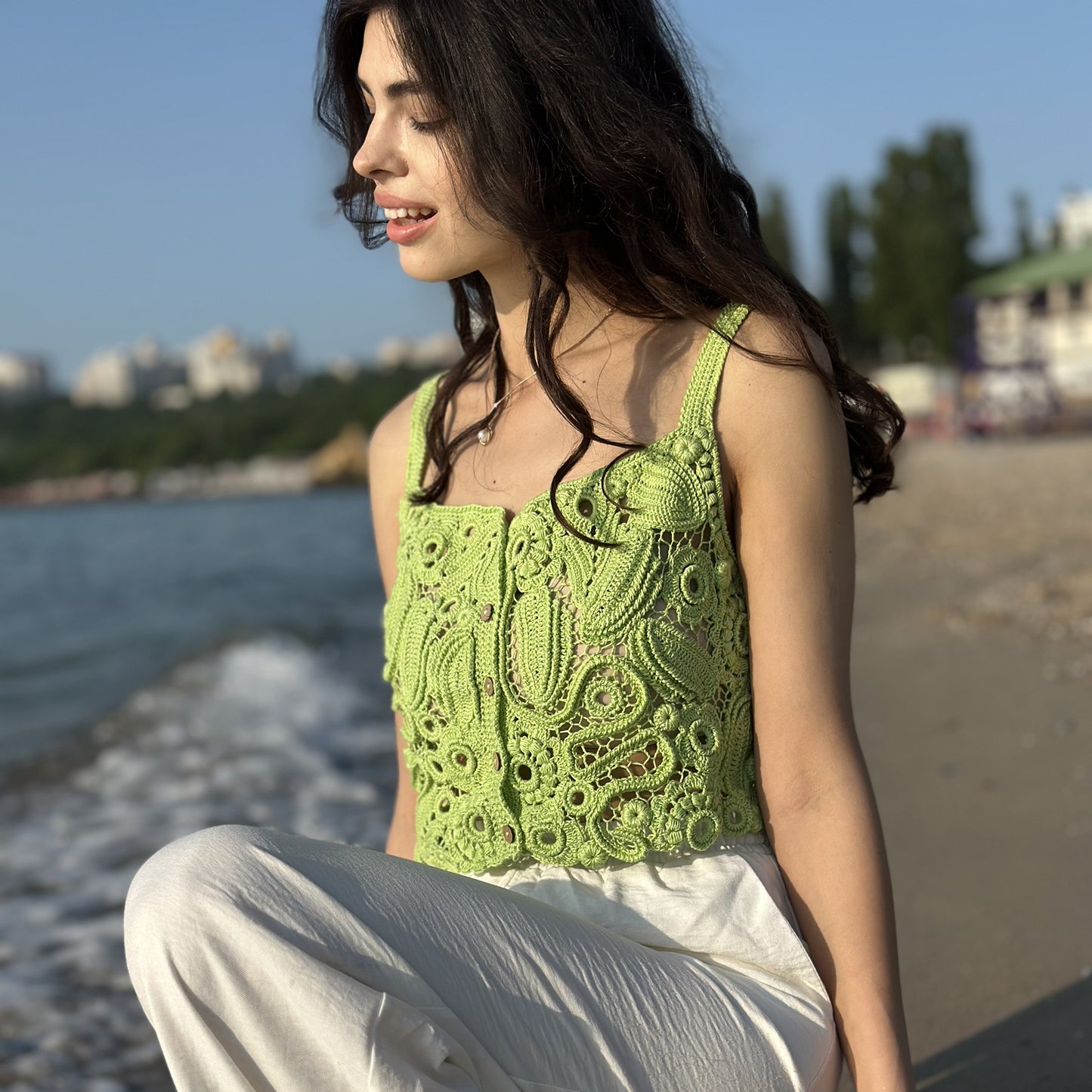 Luxury Green Crochet Top - Handcrafted Women’s Designer Sleeveless Blouse (Custom Sizes Available)