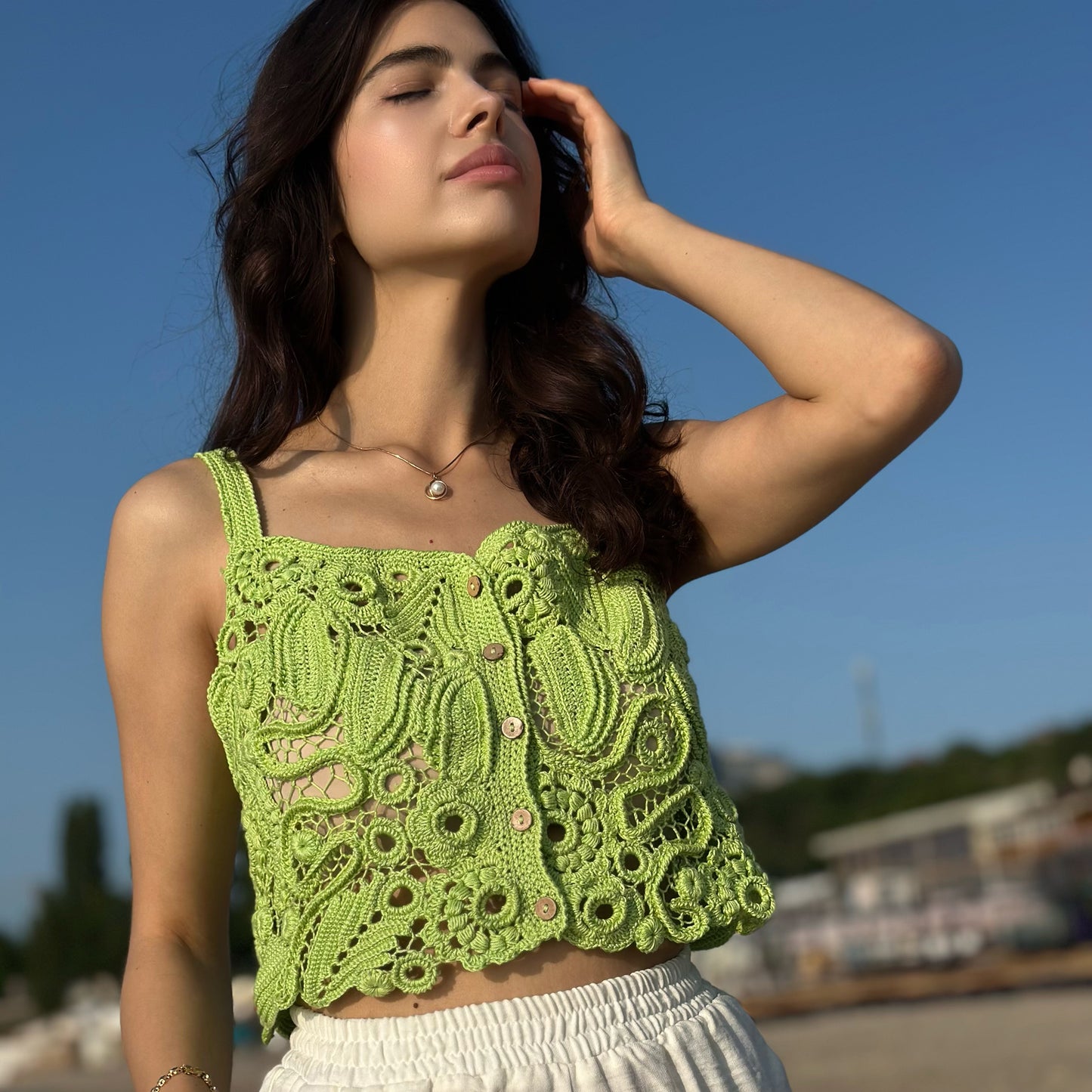 Luxury Green Crochet Top - Handcrafted Women’s Designer Sleeveless Blouse (Custom Sizes Available)