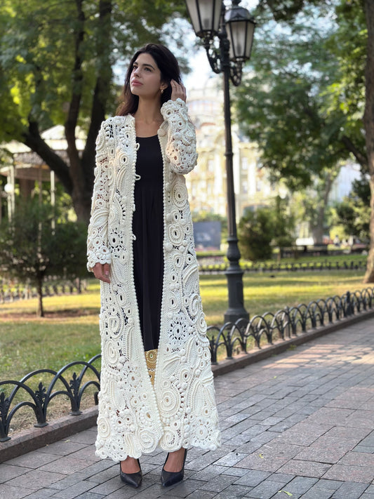 Handcrafted White Irish Lace Cardigan – Luxury Crochet Couture