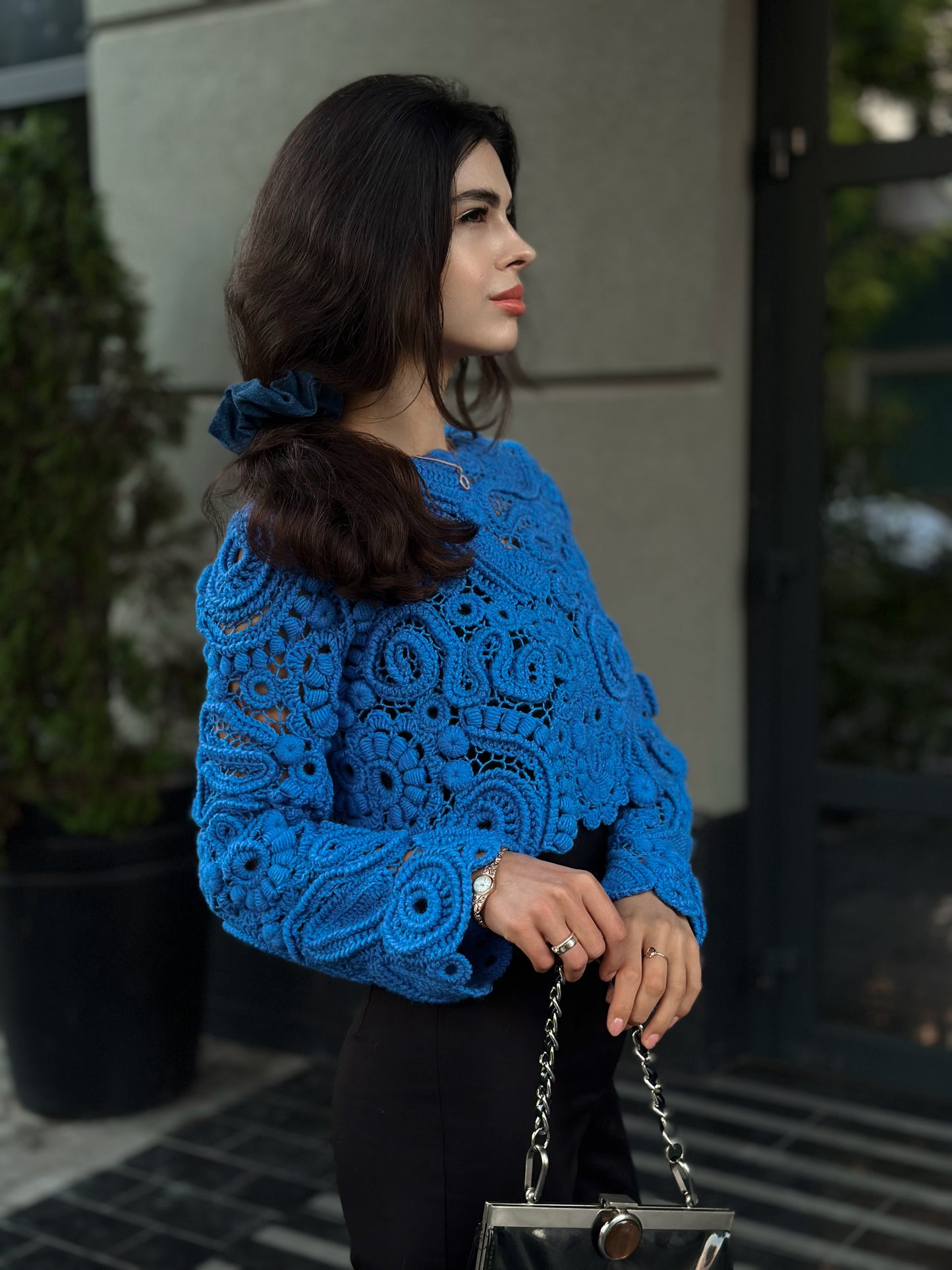 Blue Irish Crochet Sweater – Handmade Luxury Lace Pullover