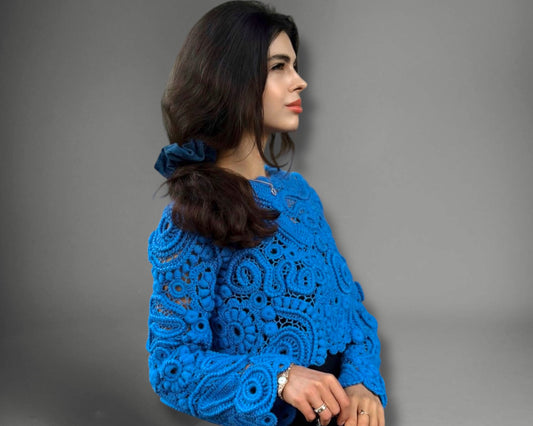 Blue Irish Crochet Sweater – Handmade Luxury Lace Pullover
