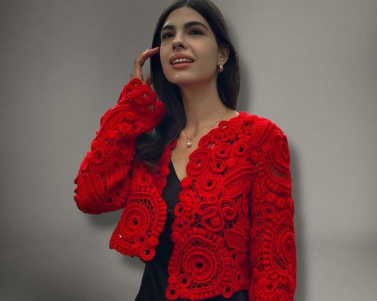 Red Irish Crochet Lace Bolero – Couture Handmade Statement Jacket