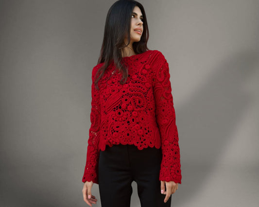 Luxury Red Crochet Pullover – Handcrafted Women’s Designer Sweater (Custom Sizes Available)