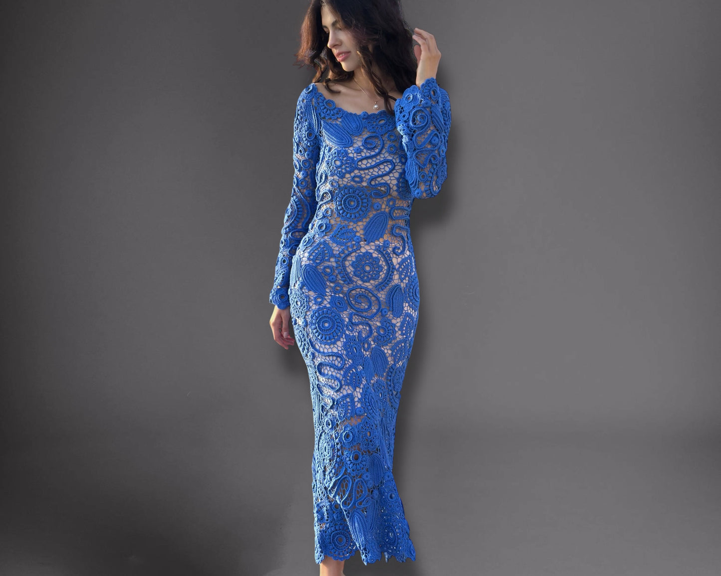Handcrafted Blue Irish Lace Dress – Timeless Crochet Couture