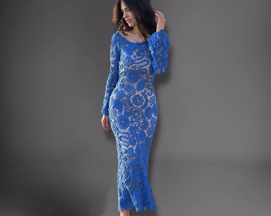 Handcrafted Blue Irish Lace Dress – Timeless Crochet Couture