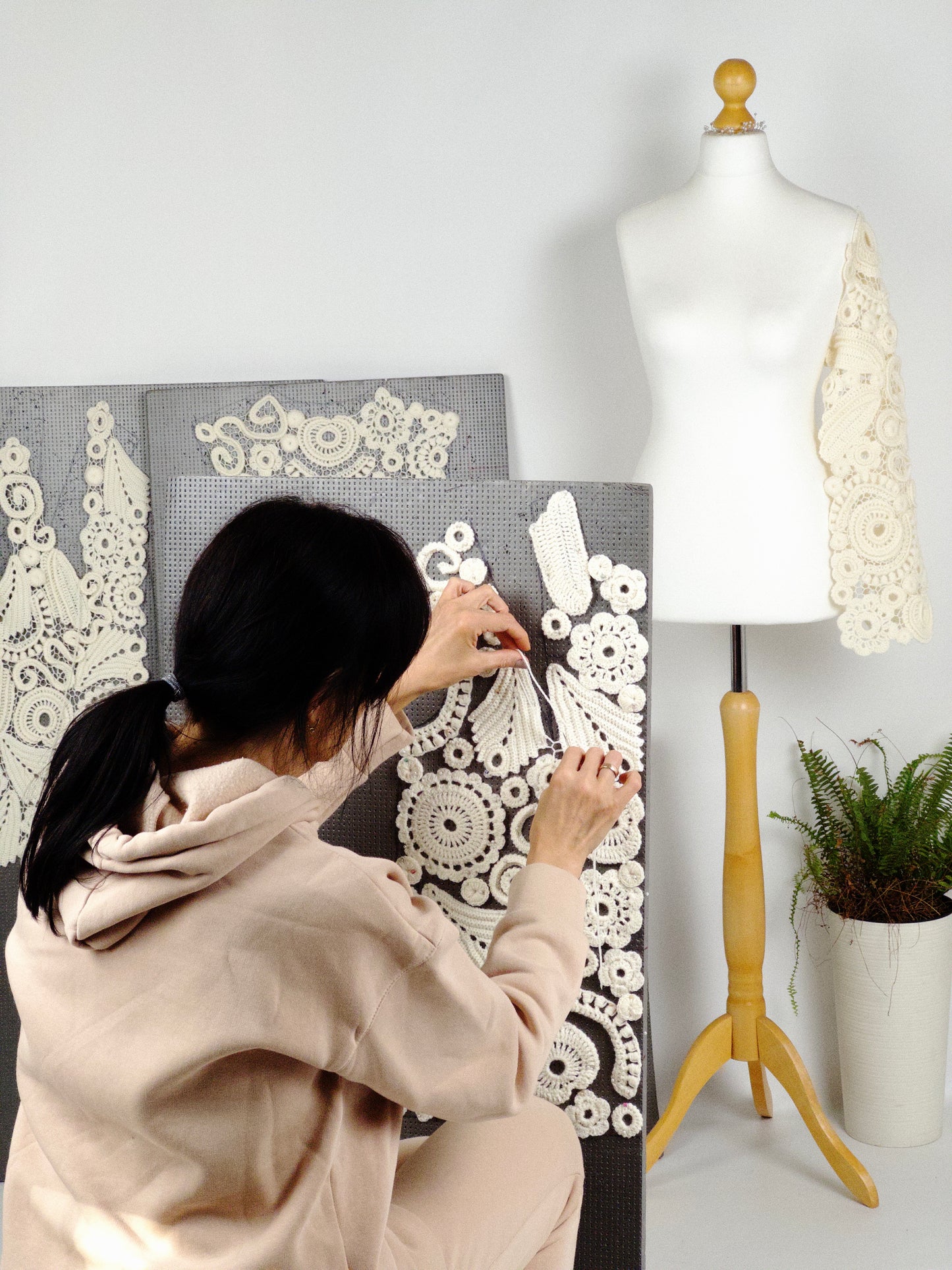 Long Irish Crochet Lace Coat – Handmade Ivory Boho Cardigan