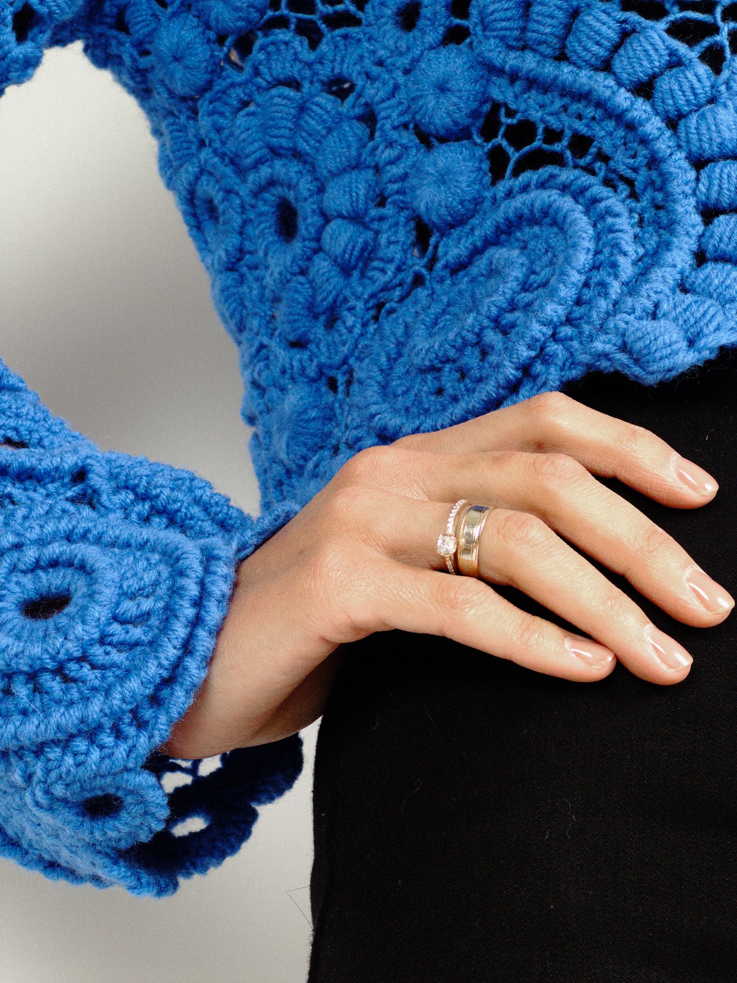 Blue Irish Crochet Sweater – Handmade Luxury Lace Pullover