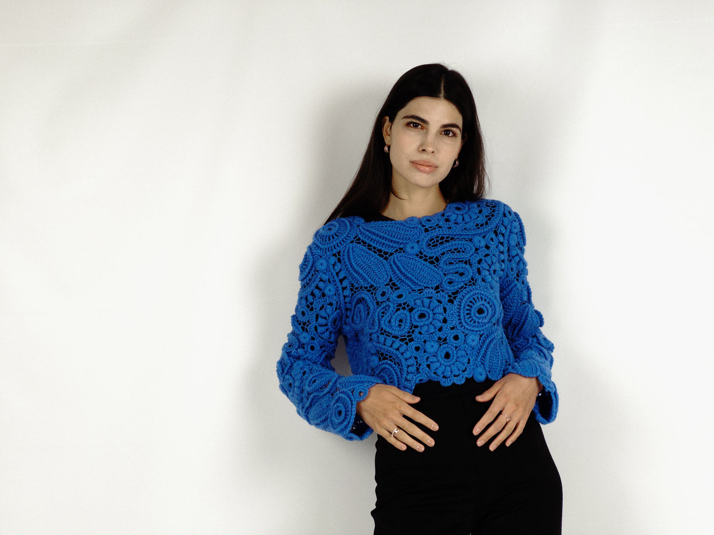 Blue Irish Crochet Sweater – Handmade Luxury Lace Pullover
