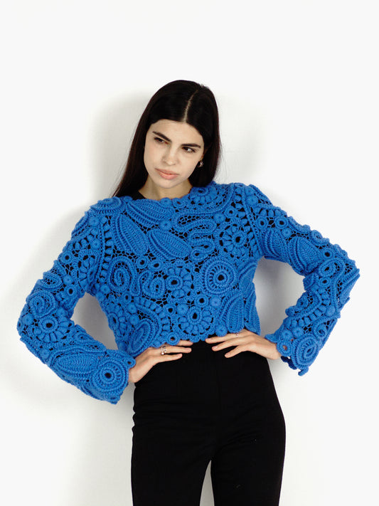 Blue Irish Crochet Sweater – Handmade Luxury Lace Pullover