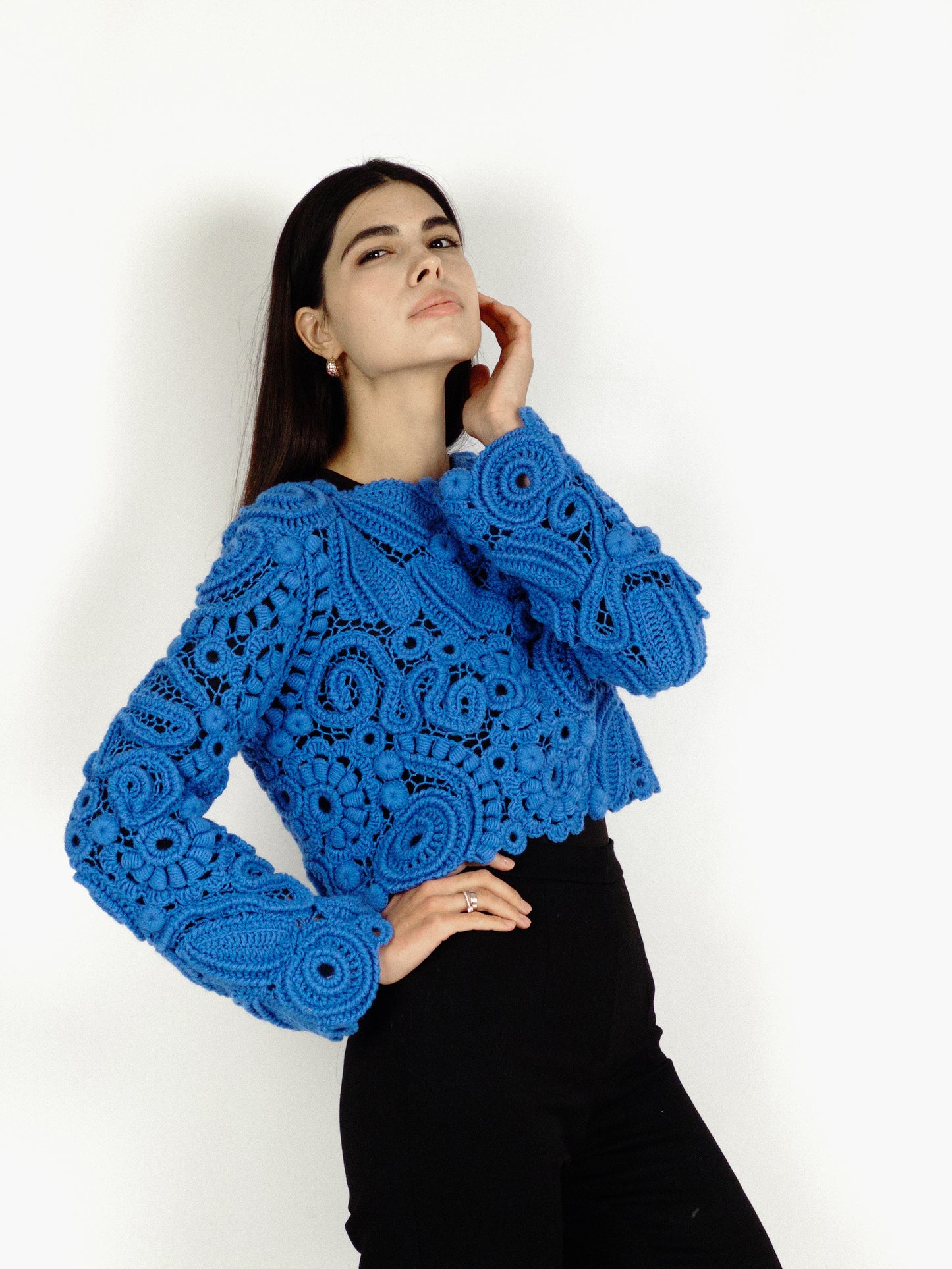 Blue Irish Crochet Sweater – Handmade Luxury Lace Pullover