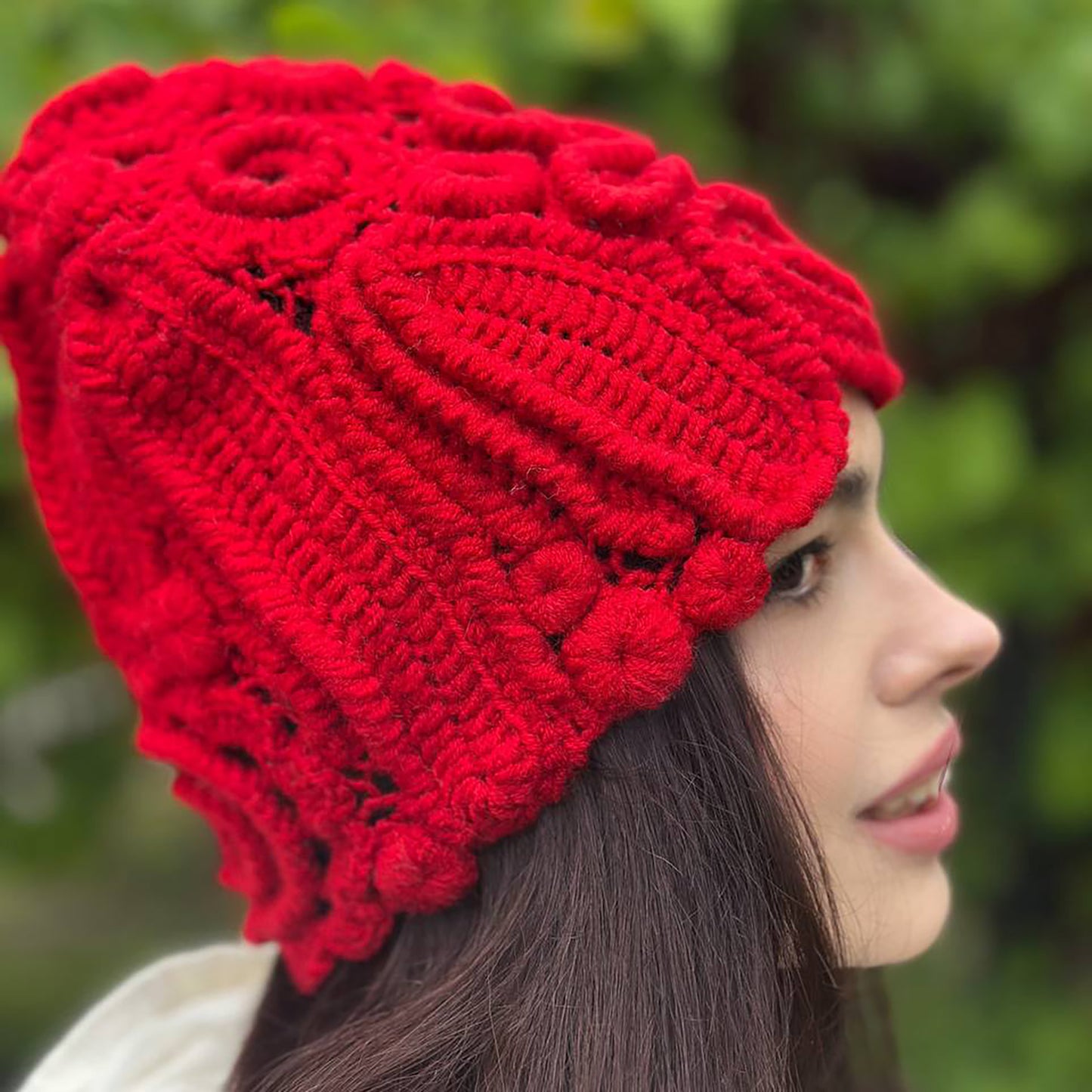 Handmade Red Irish Crochet Hat – Bold & Elegant Winter Statement