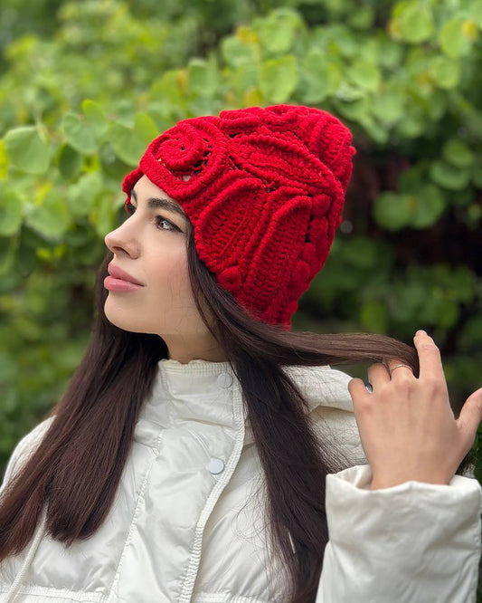 Handmade Red Irish Crochet Hat – Bold & Elegant Winter Statement