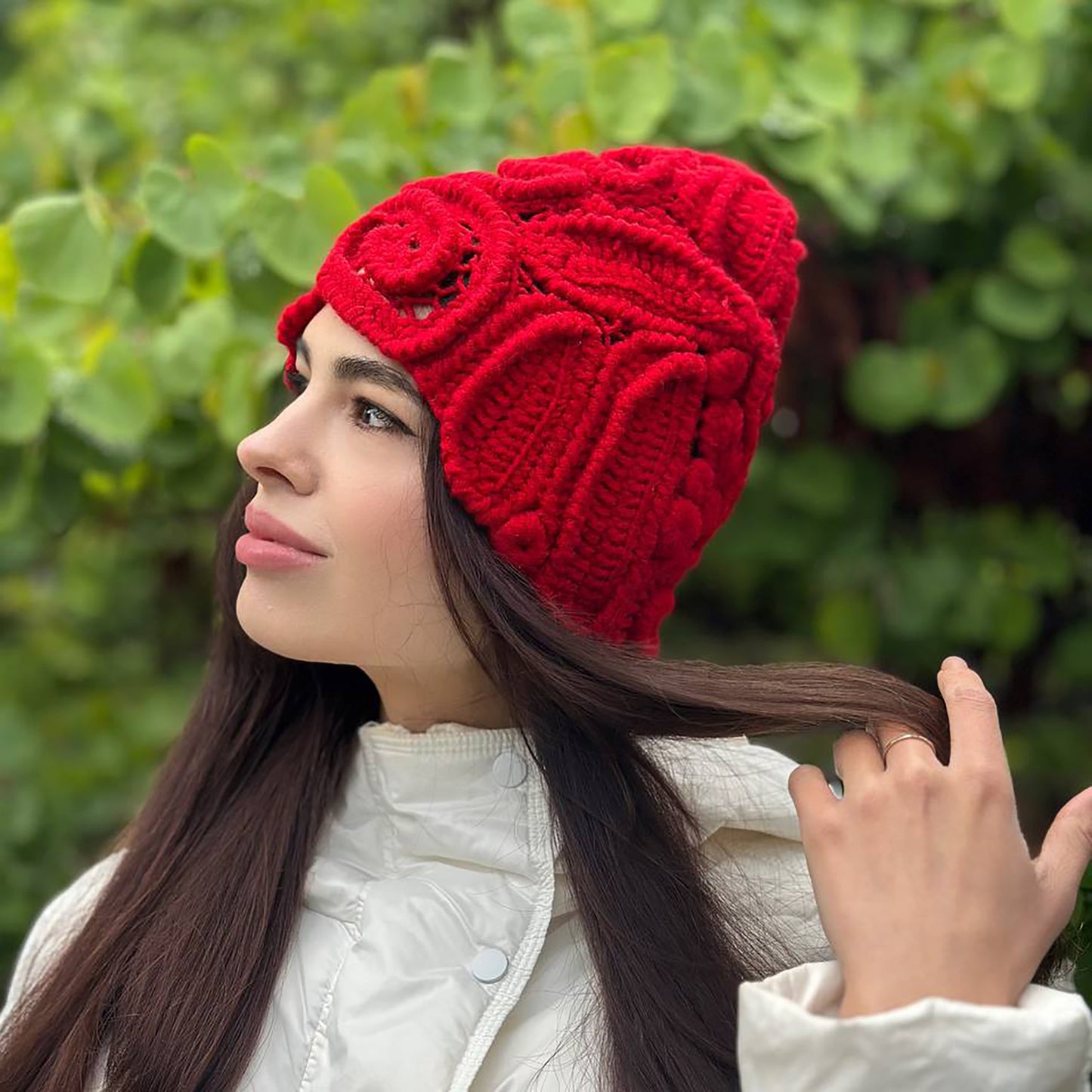 Handmade Red Irish Crochet Hat – Bold & Elegant Winter Statement