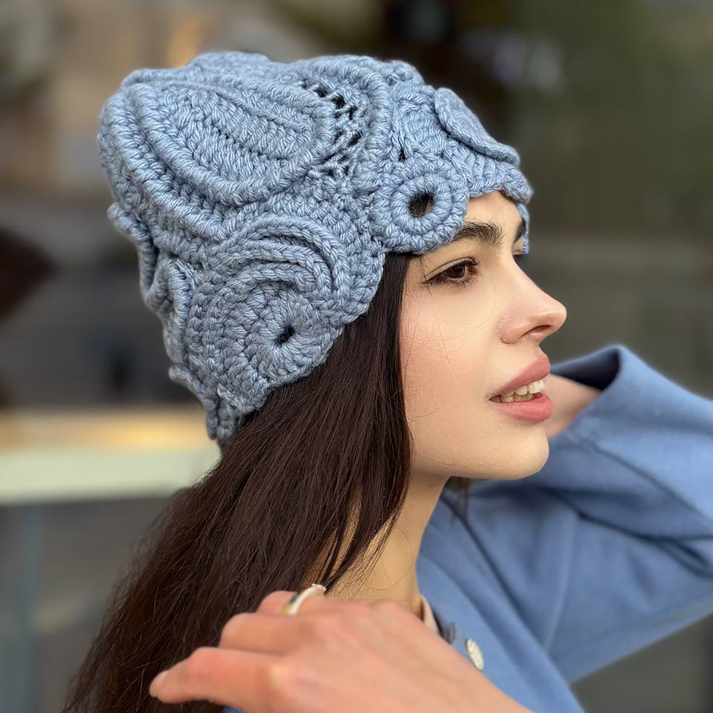 Light Blue Irish Crochet Hat – Handcrafted Winter Elegance
