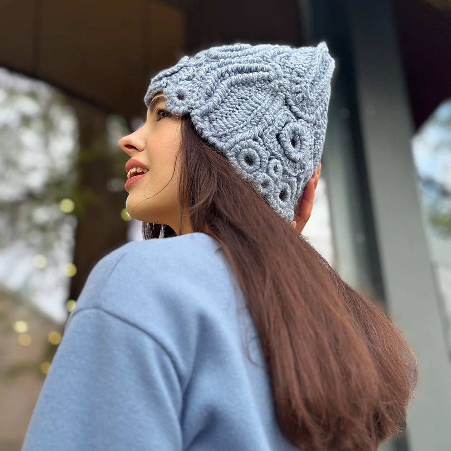 Light Blue Irish Crochet Hat – Handcrafted Winter Elegance