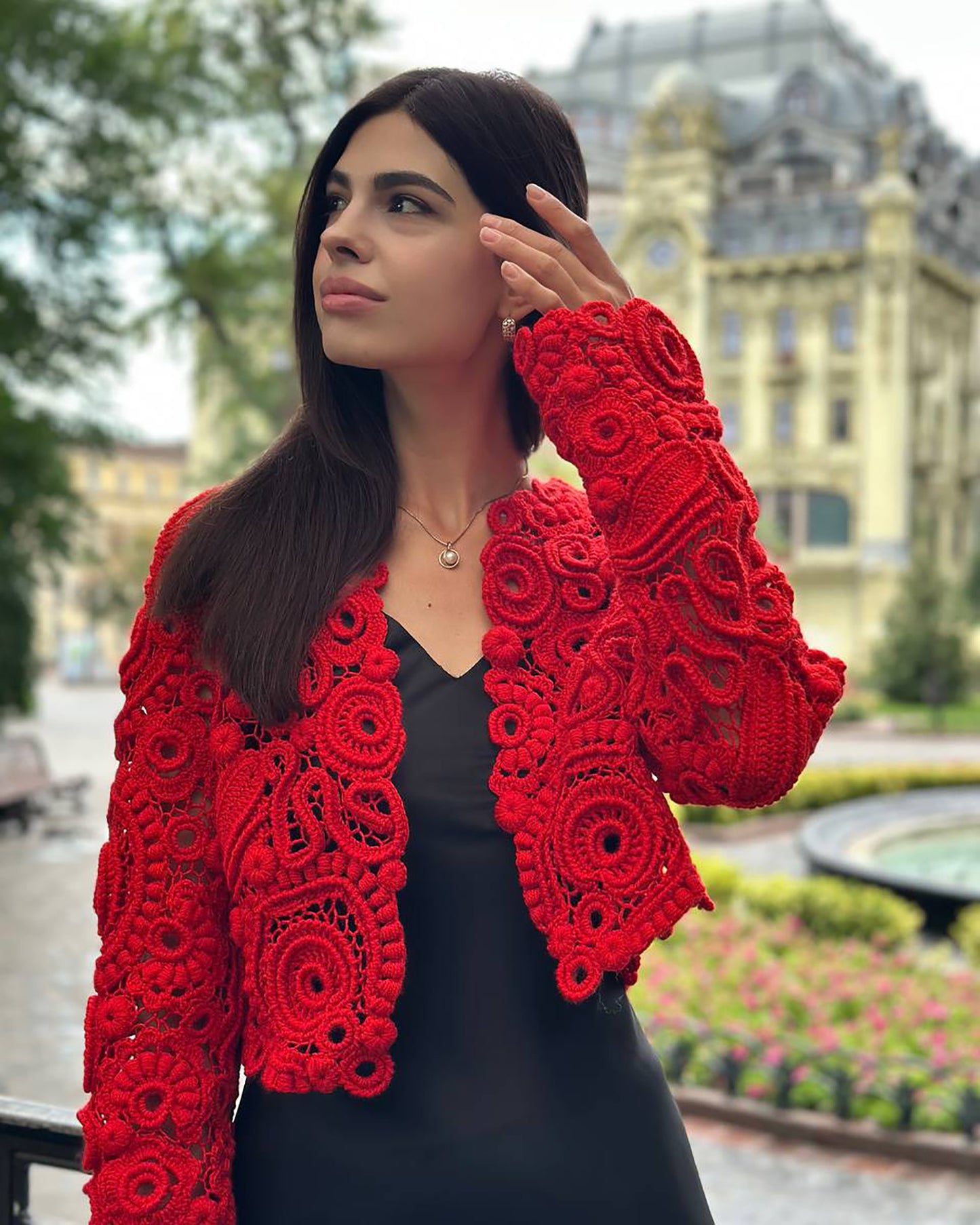 Red Irish Crochet Lace Bolero – Couture Handmade Statement Jacket