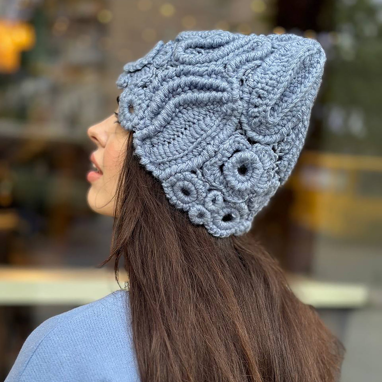 Light Blue Irish Crochet Hat – Handcrafted Winter Elegance